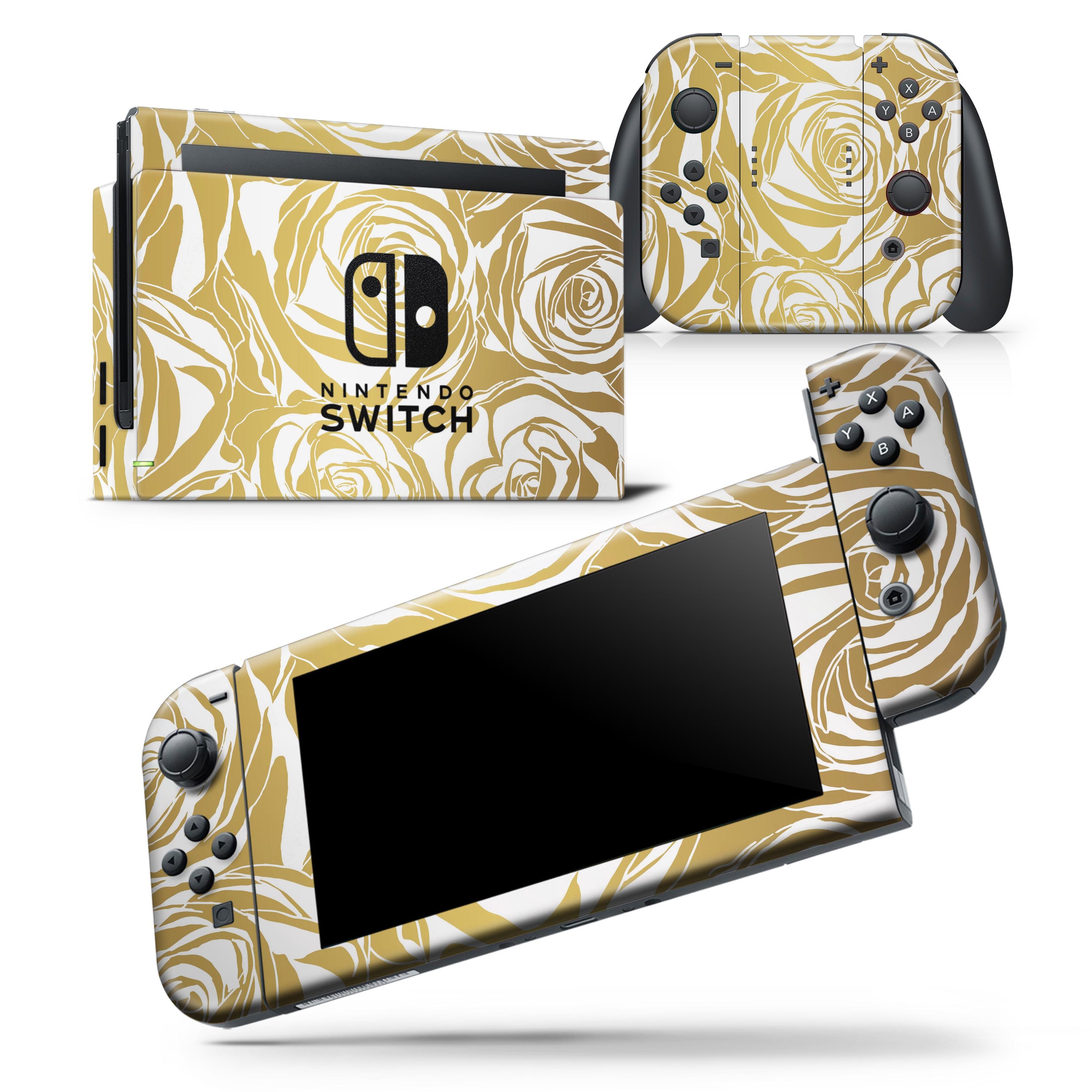 Gold and White Roses skin wrap decal for Nintendo Switch Lite, showcasing vibrant floral design and sleek finish.