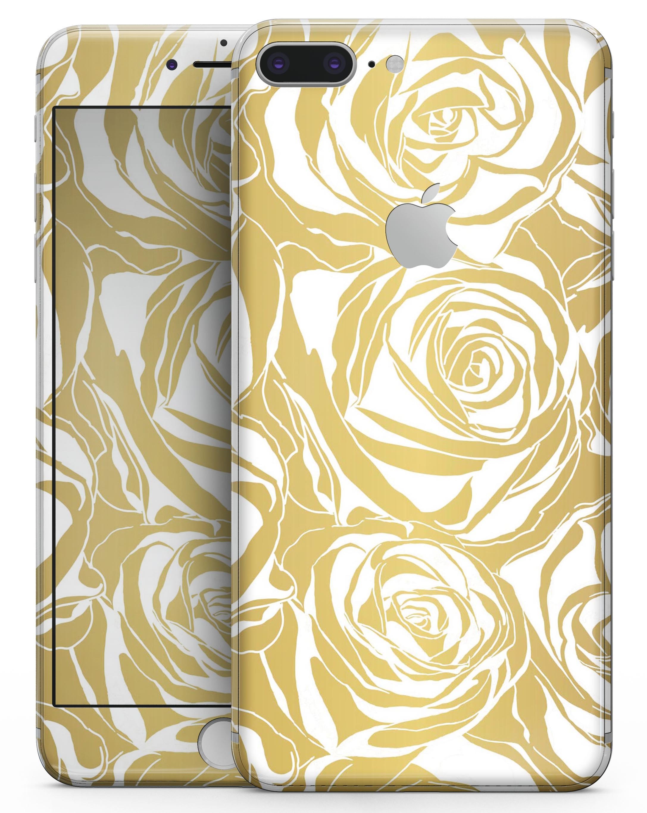 Gold and White Roses skin for iPhone 8 or 8 Plus, showcasing a floral design on a sleek device.