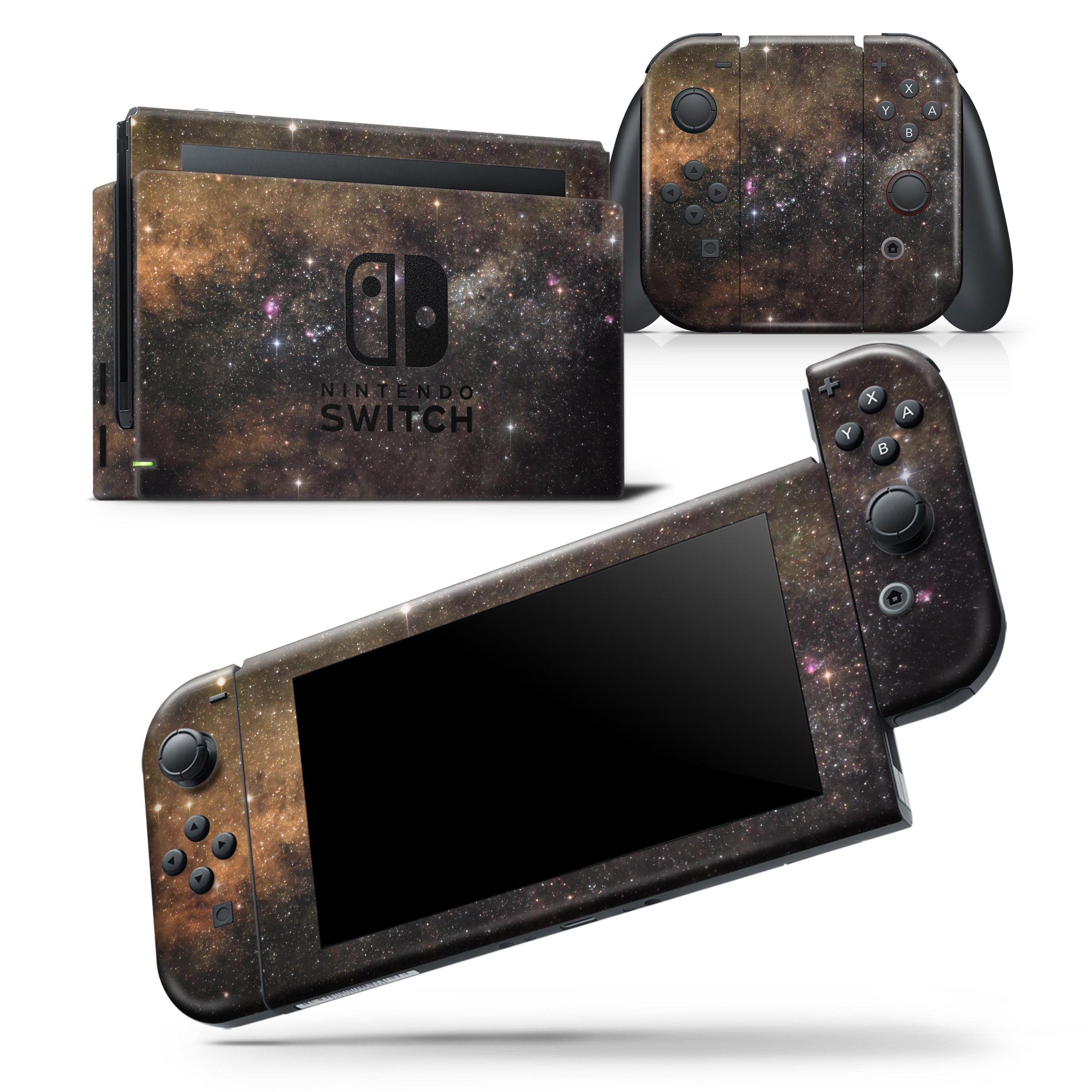 Gold Aura Space skin wrap decal for Nintendo Switch Lite, showcasing a vibrant gold design that fits snugly on the console and controllers.