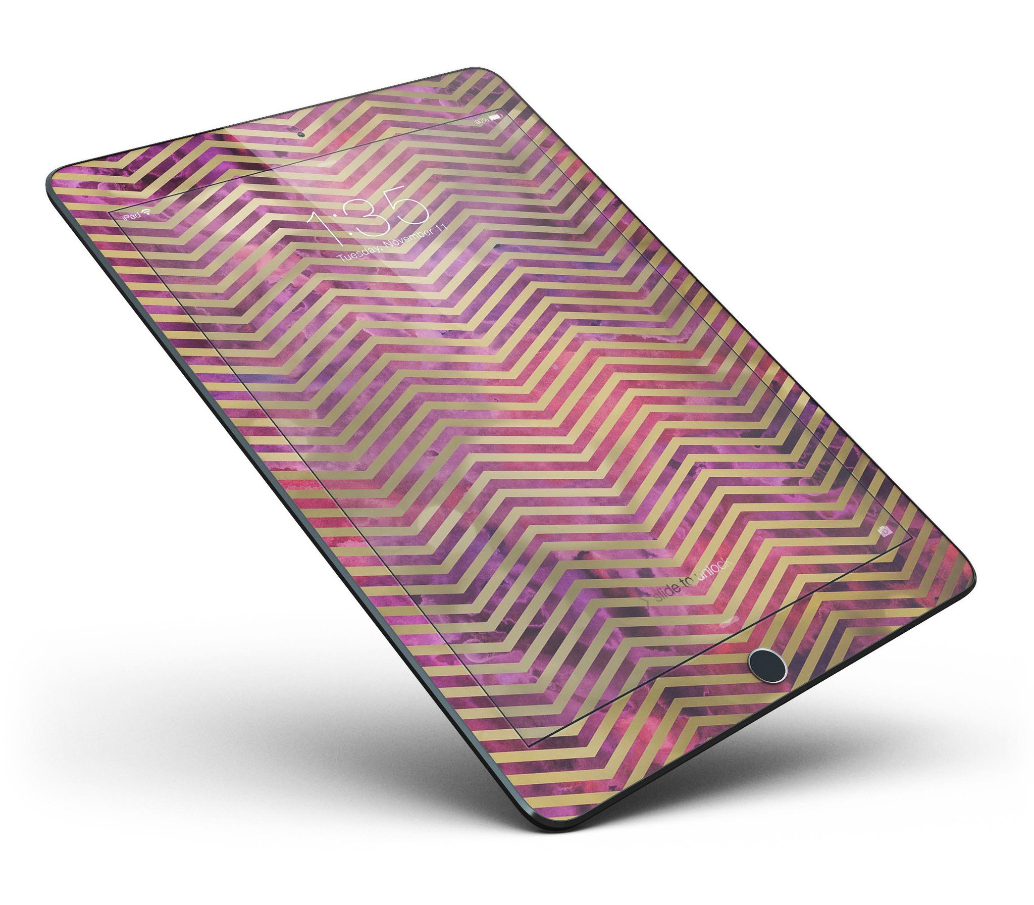 Gold Chevron design skin for iPad Pro, showcasing abstract fumes pattern and full body coverage.