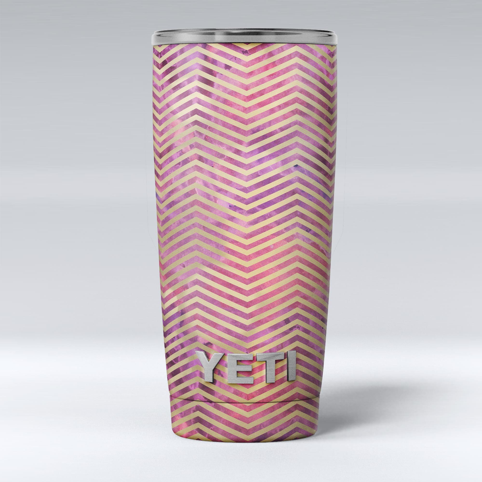 Gold Chevron Skin Decal Vinyl Wrap Kit for Yeti Cooler, showcasing a stylish design over abstract fumes.
