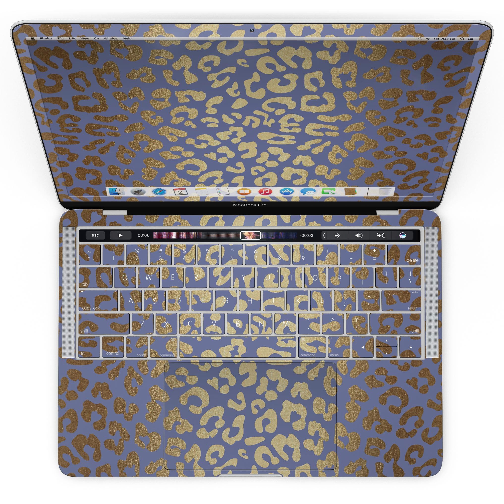 Gold Flaked Animal Blue skin kit for MacBook Pro with Touch Bar, showcasing vibrant colors and premium vinyl material.