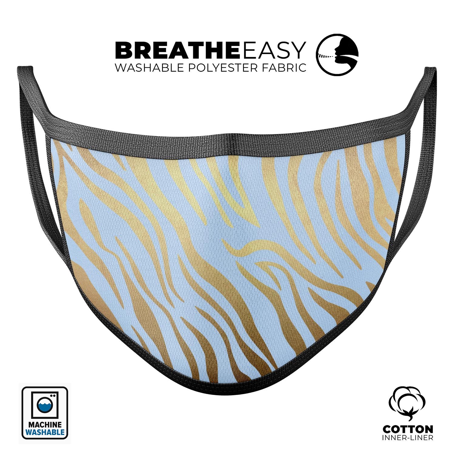 Gold Flaked Animal Blue Zebra 2 reusable face mask, featuring a vibrant design with gold flakes, adjustable ear loops, and made from soft cotton.