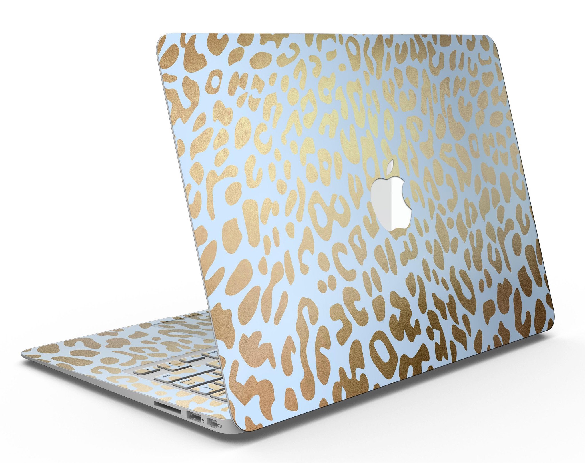 Gold Flaked Animal Light Blue Skin Kit for MacBook Air, showcasing vibrant colors and premium vinyl material.