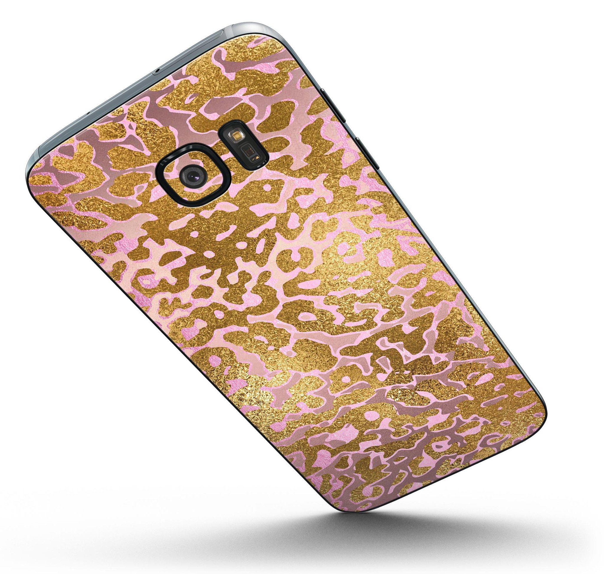 Gold Flaked Animal Pink Full Body Skin-Kit for Samsung Galaxy S7, showcasing vibrant colors and premium vinyl material.
