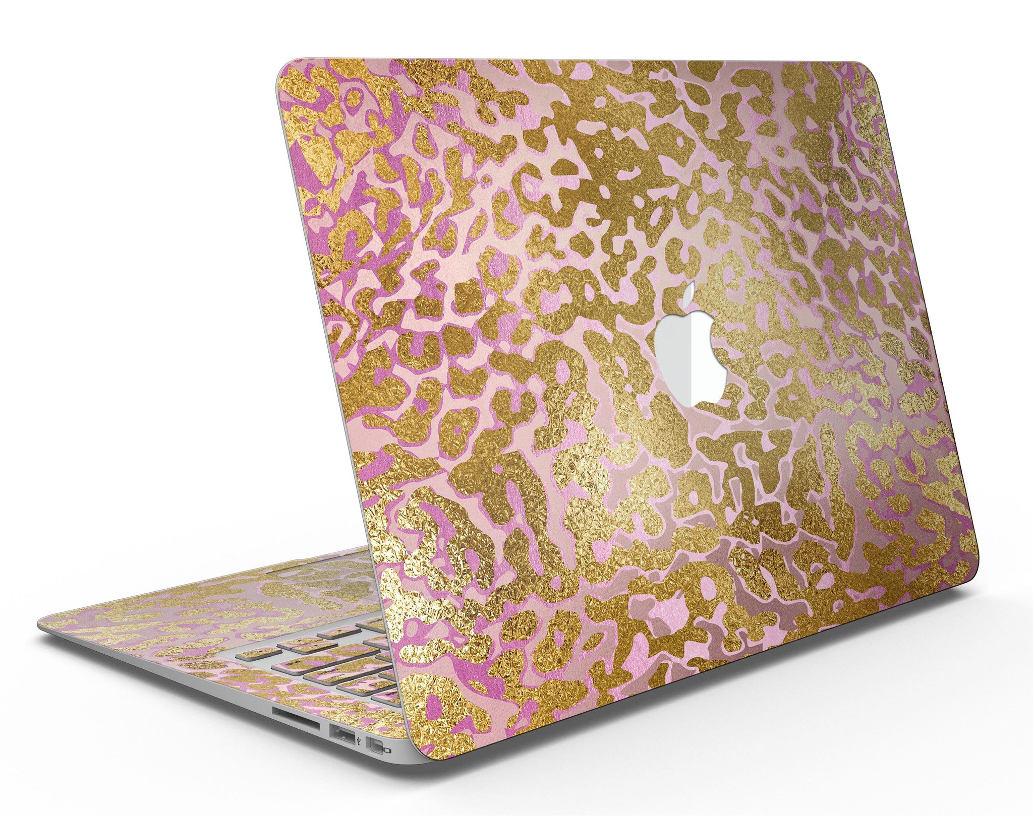 Gold Flaked Animal Pink MacBook Air Skin Kit showcasing vibrant design and premium vinyl material.