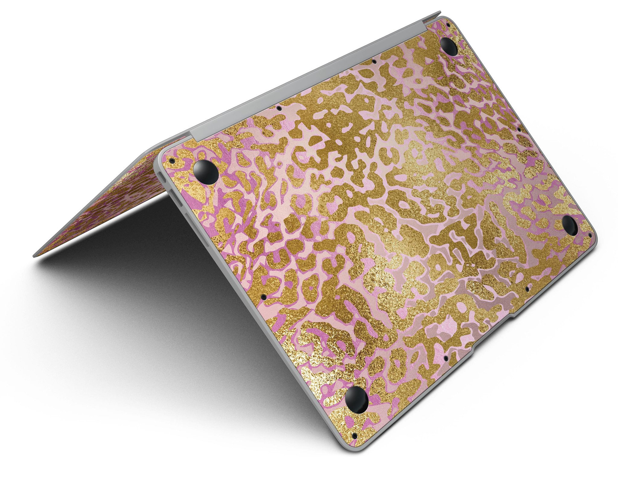 Gold Flaked Animal Pink MacBook Air Skin Kit showcasing vibrant design and premium vinyl material.