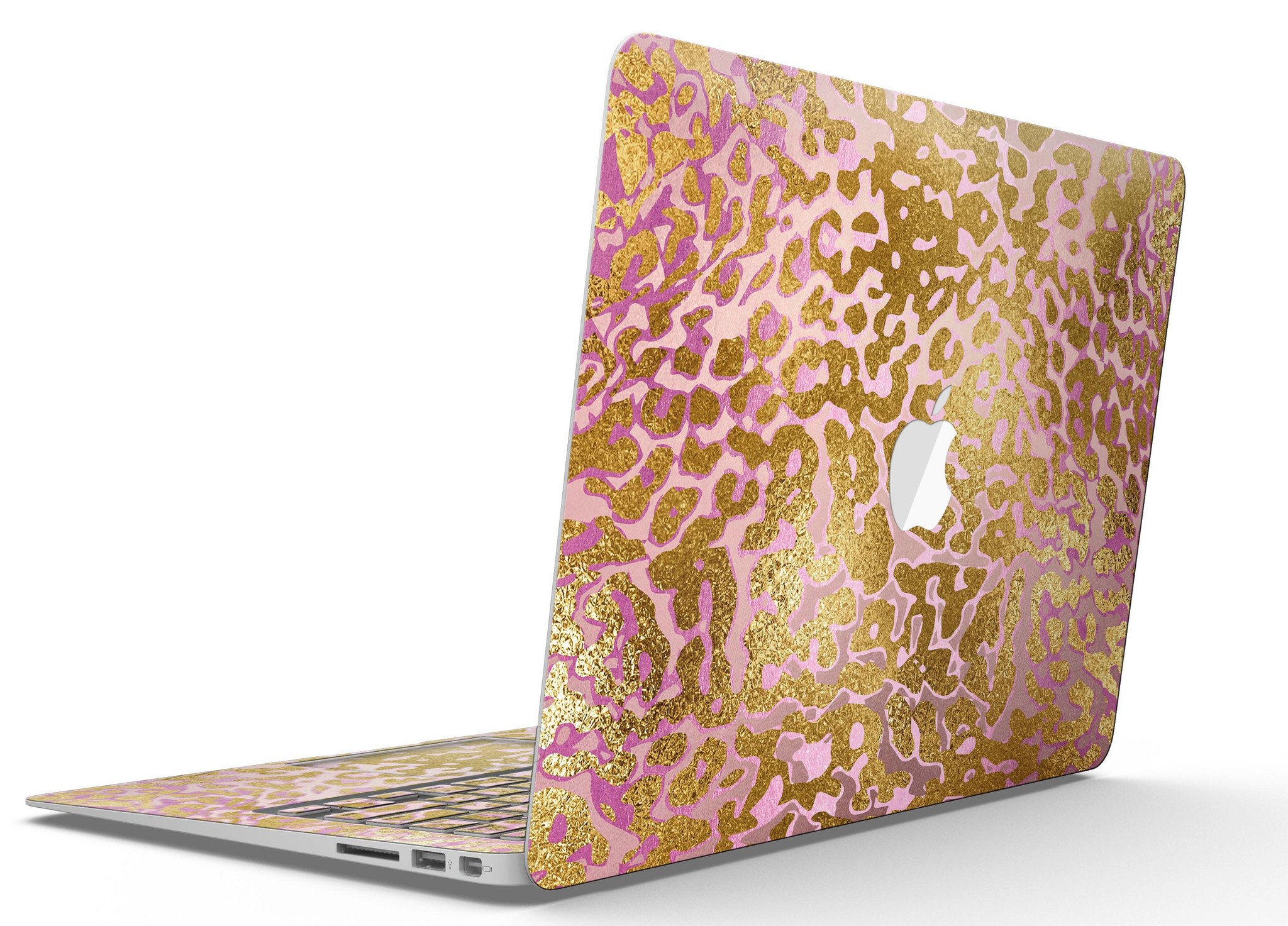 Gold Flaked Animal Pink MacBook Air Skin Kit showcasing vibrant design and premium vinyl material.