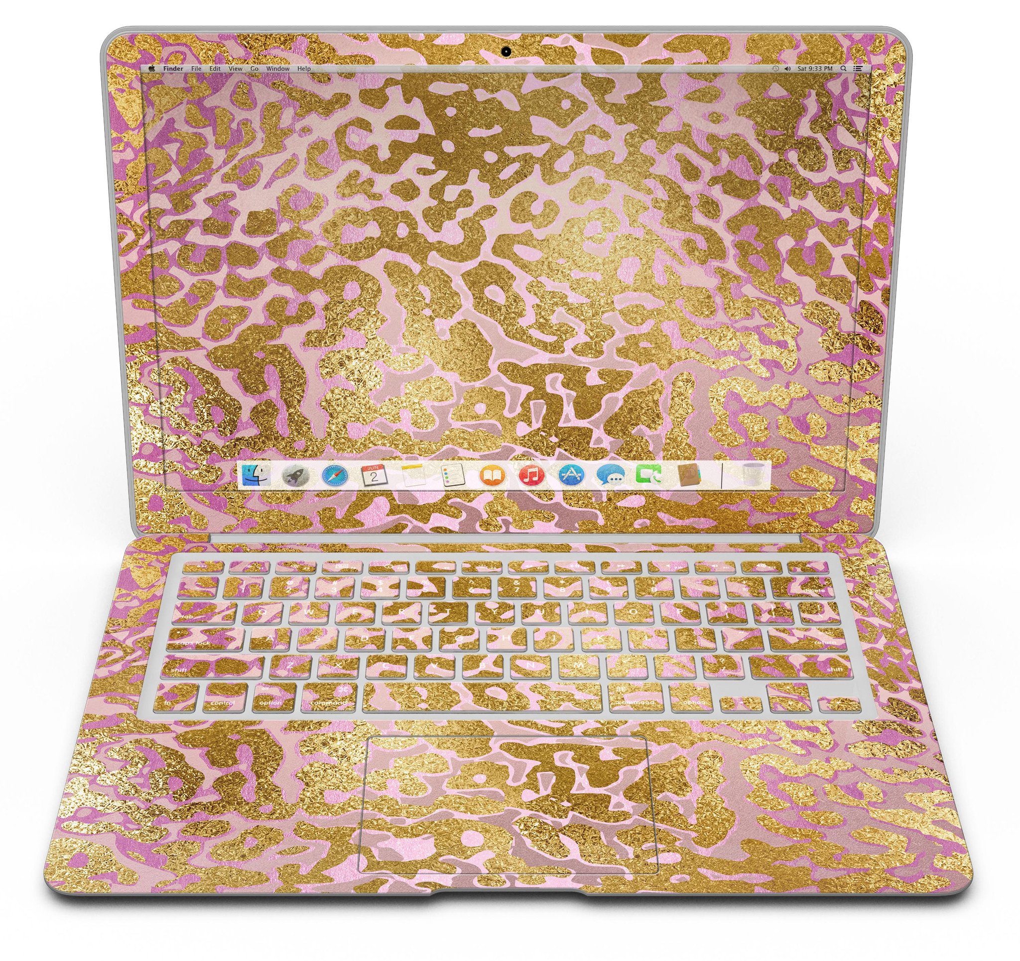 Gold Flaked Animal Pink MacBook Air Skin Kit showcasing vibrant design and premium vinyl material.