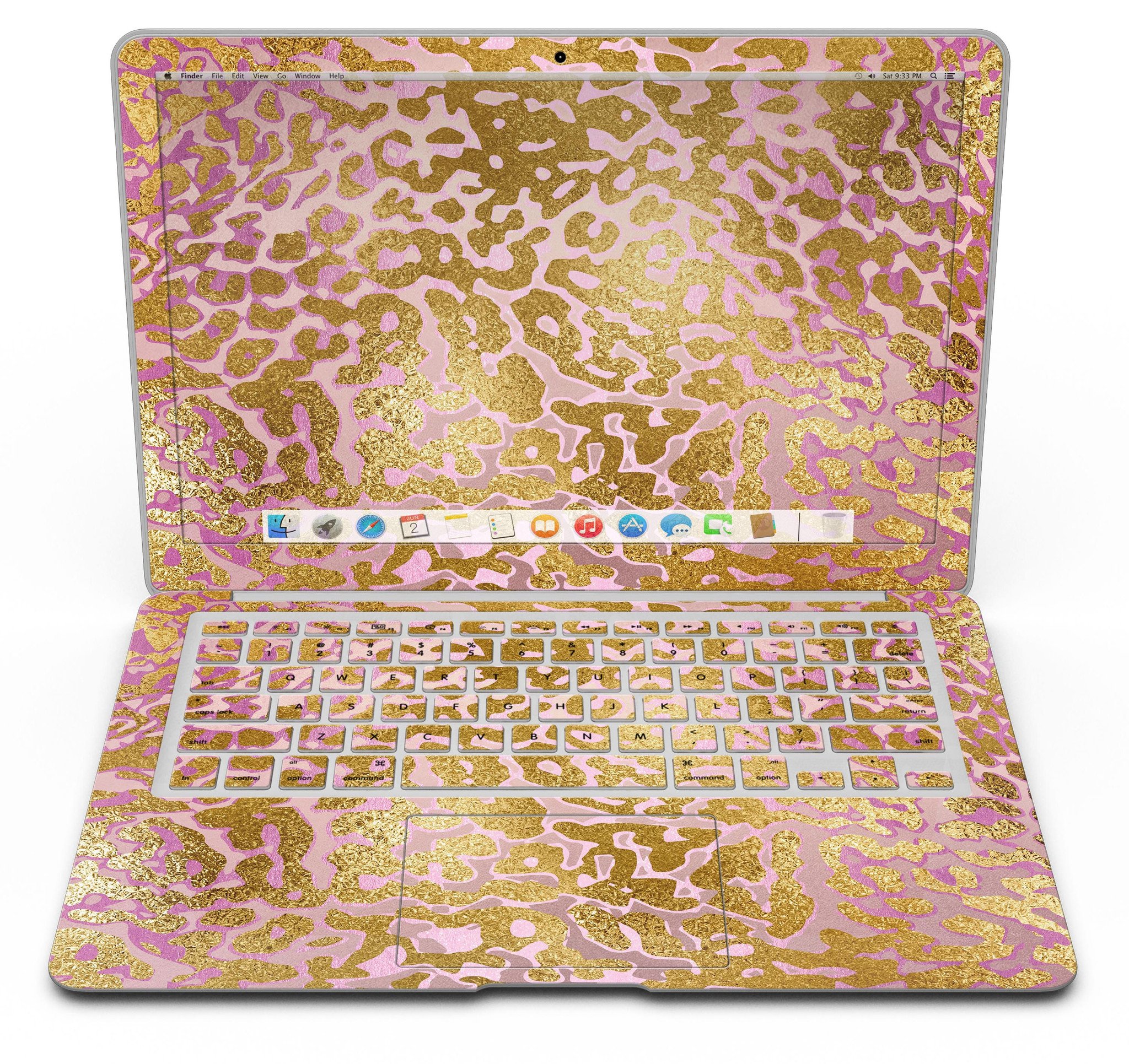 Gold Flaked Animal Pink MacBook Air Skin Kit showcasing vibrant design and premium vinyl material.
