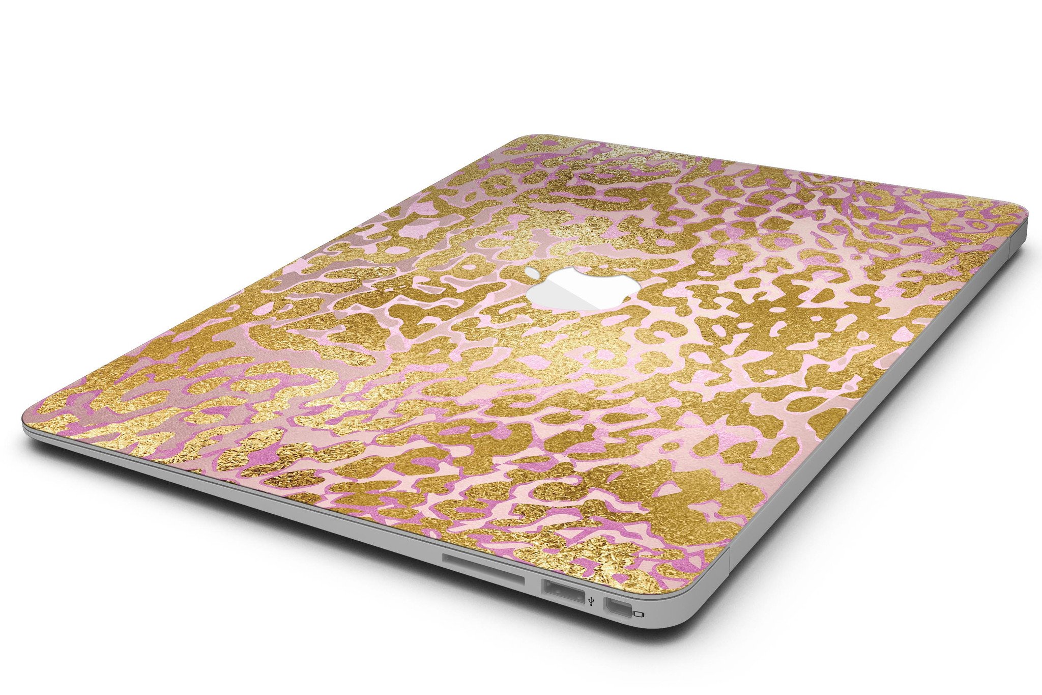 Gold Flaked Animal Pink MacBook Air Skin Kit showcasing vibrant design and premium vinyl material.