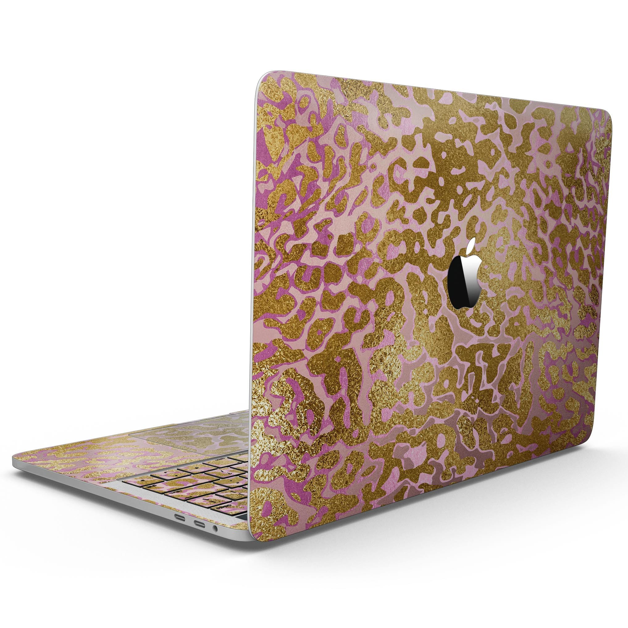Gold Flaked Animal Pink skin kit for MacBook Pro with Touch Bar, showcasing vibrant colors and premium vinyl material.