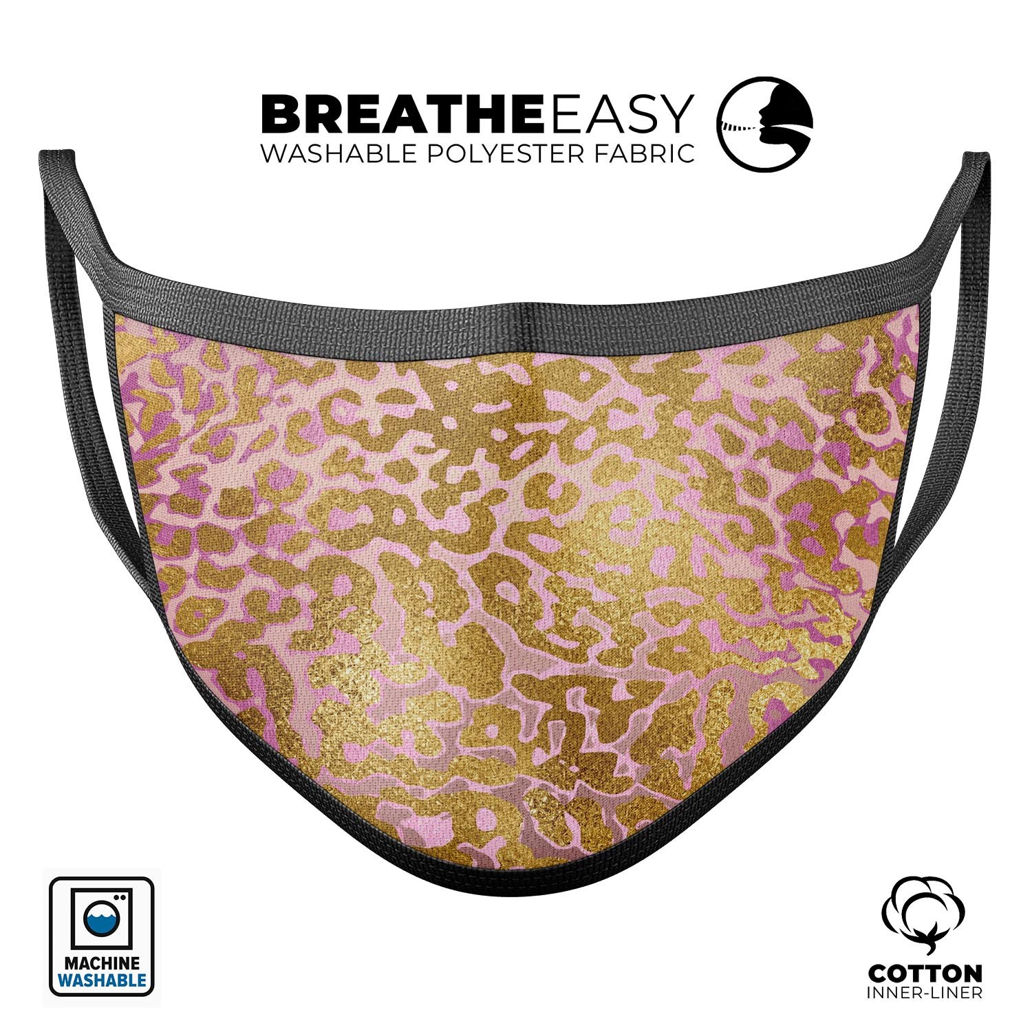 Gold Flaked Animal Pink mouth cover, unisex design, made in USA, featuring adjustable ear loops and soft cotton interior.