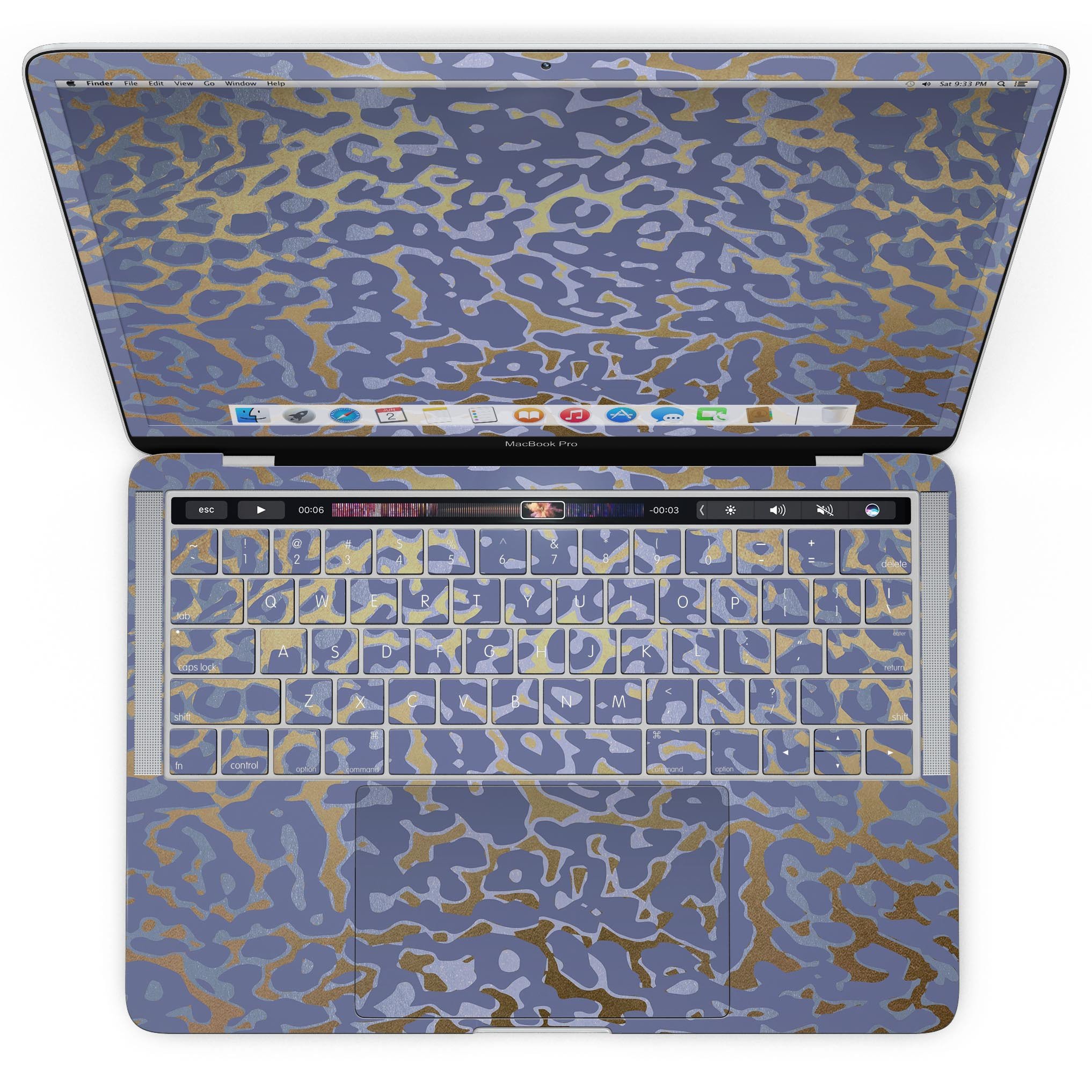 Gold Flaked Animal Purple skin kit for MacBook Pro with Touch Bar, showcasing vibrant colors and premium vinyl material.