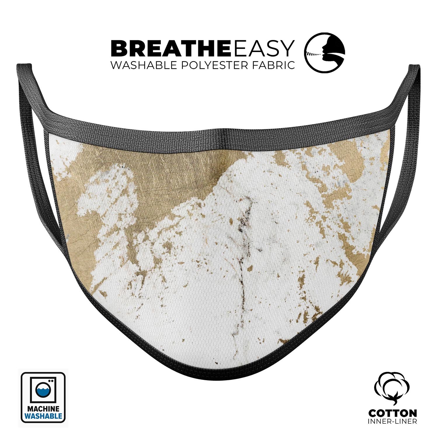 Gold Foiled Marble v1 mouth cover, a stylish unisex anti-dust mask made in the USA, featuring a unique design and adjustable ear loops.