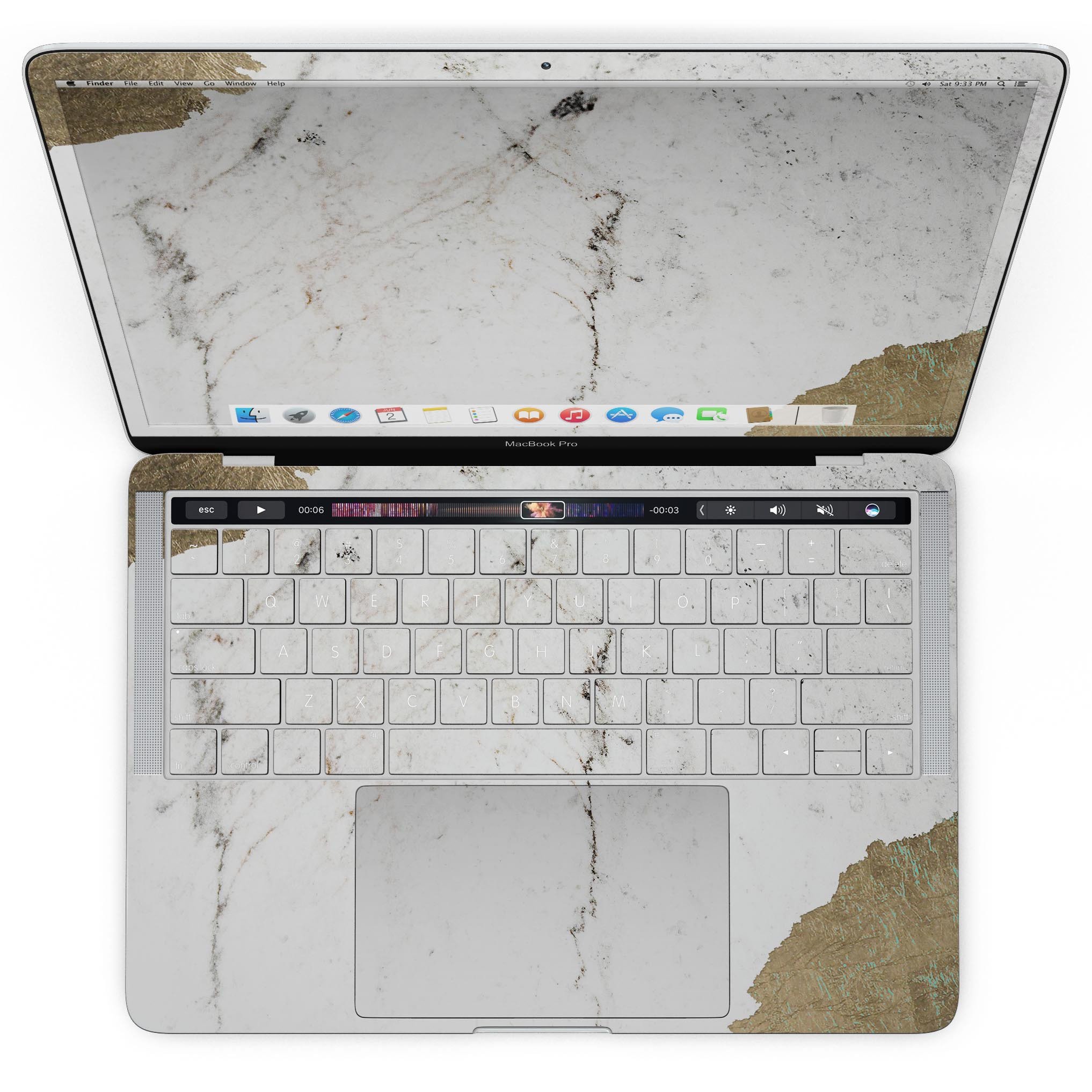 Gold Foiled Marble skin kit for MacBook Pro with Touch Bar, showcasing a stylish design that protects the device.