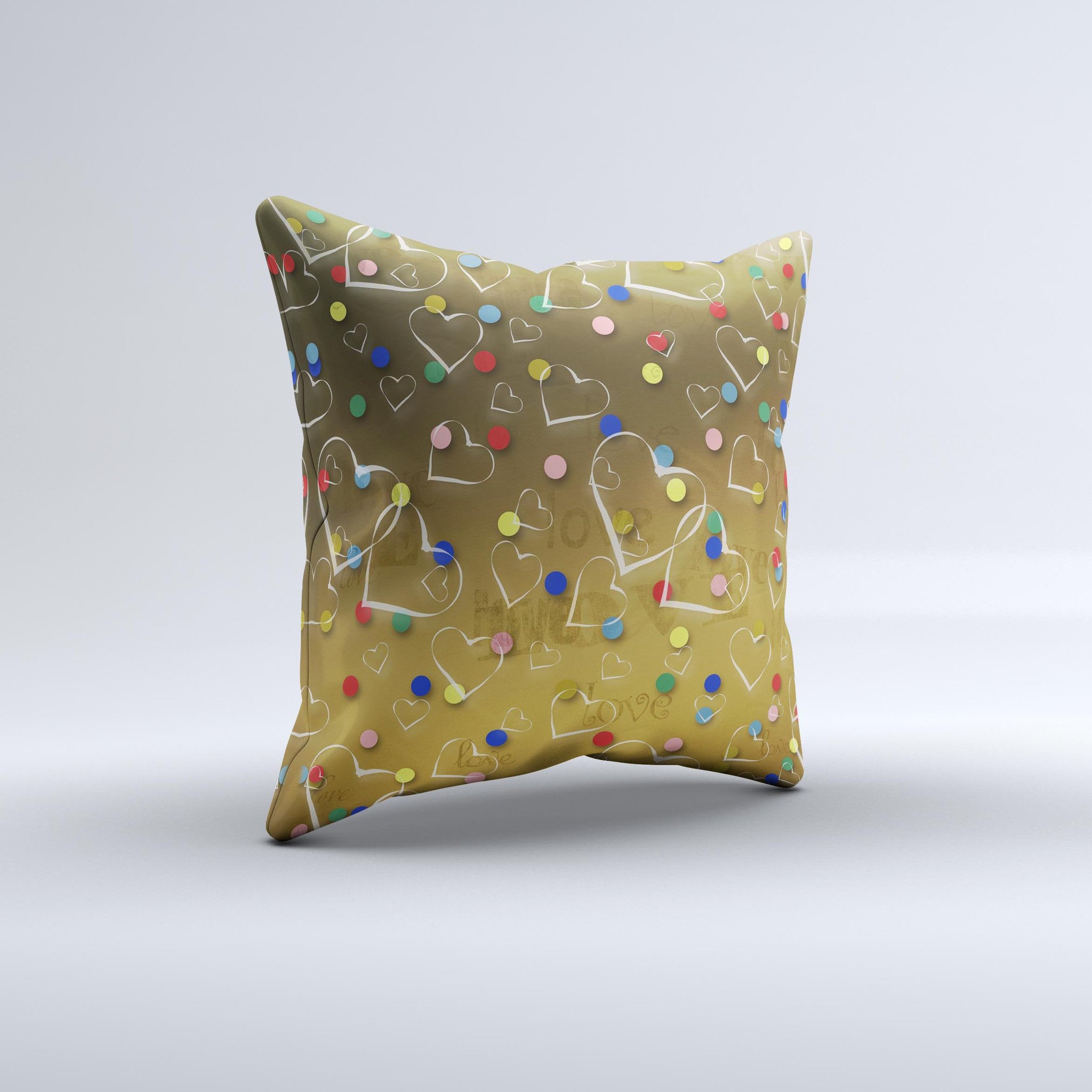 Gold Hearts and Confetti Pattern ink-Fuzed Decorative Throw Pillow, showcasing a unique design with gold hearts and colorful confetti on a soft fabric.