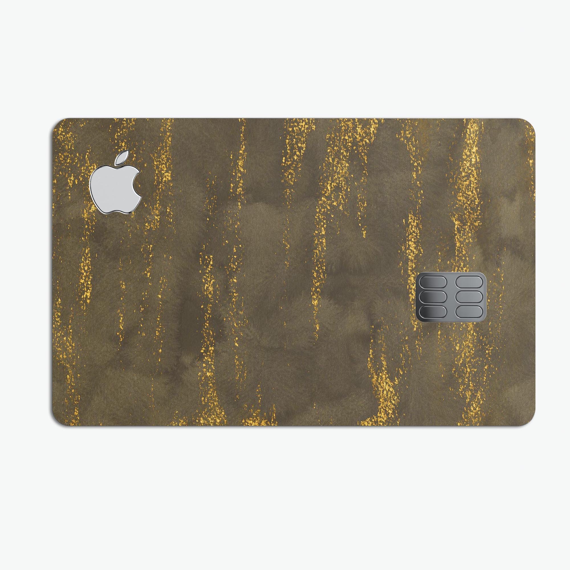 Gold Icicles decal skin for Apple Card, showcasing a stylish design over a dark fog background.