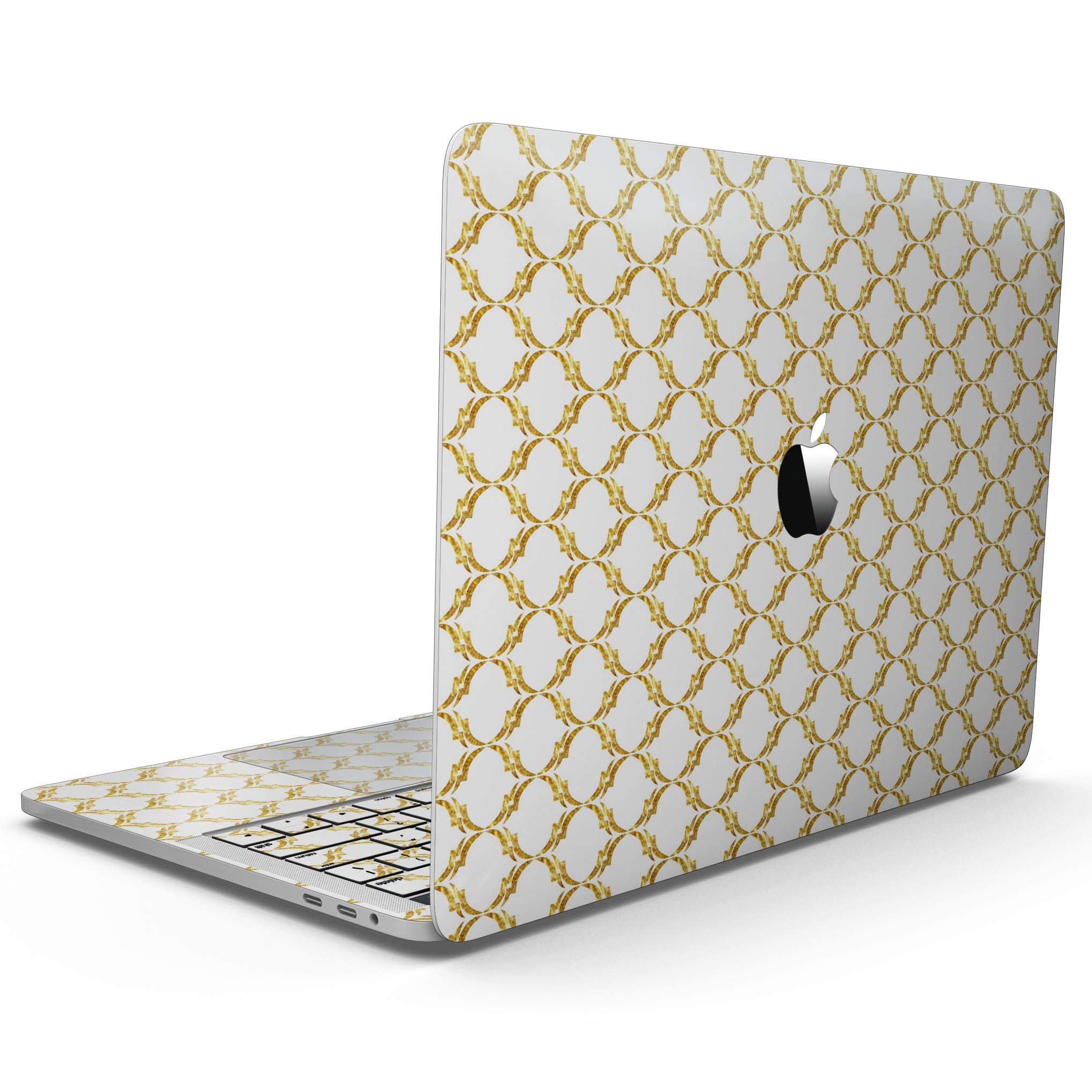 Gold Moroccan v3 skin kit for MacBook Pro with Touch Bar, showcasing intricate design and premium vinyl material.
