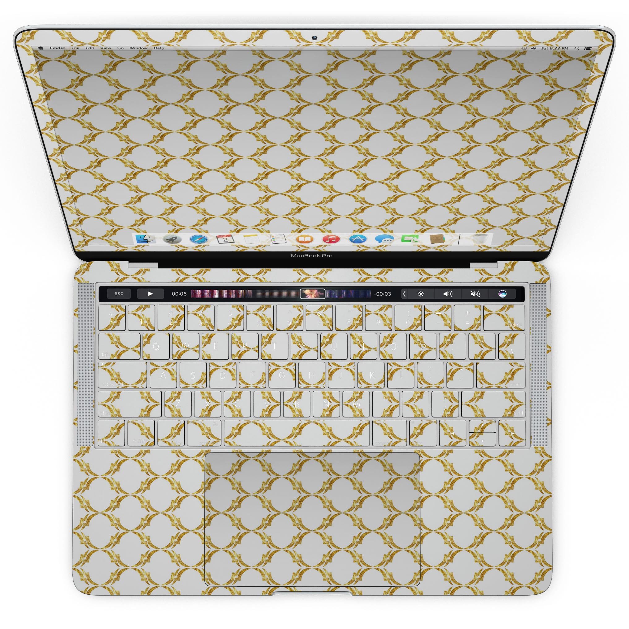 Gold Moroccan v3 skin kit for MacBook Pro with Touch Bar, showcasing intricate design and premium vinyl material.