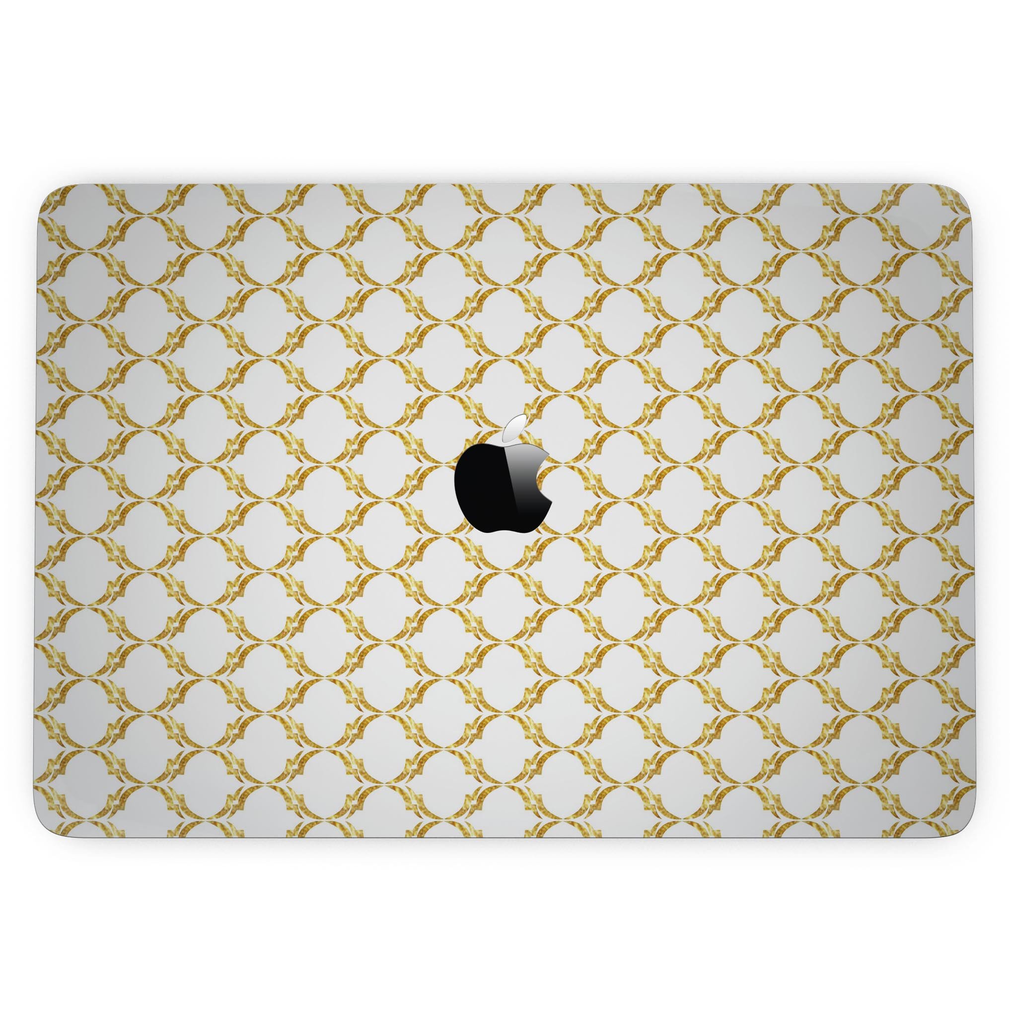 Gold Moroccan v3 skin kit for MacBook Pro with Touch Bar, showcasing intricate design and premium vinyl material.