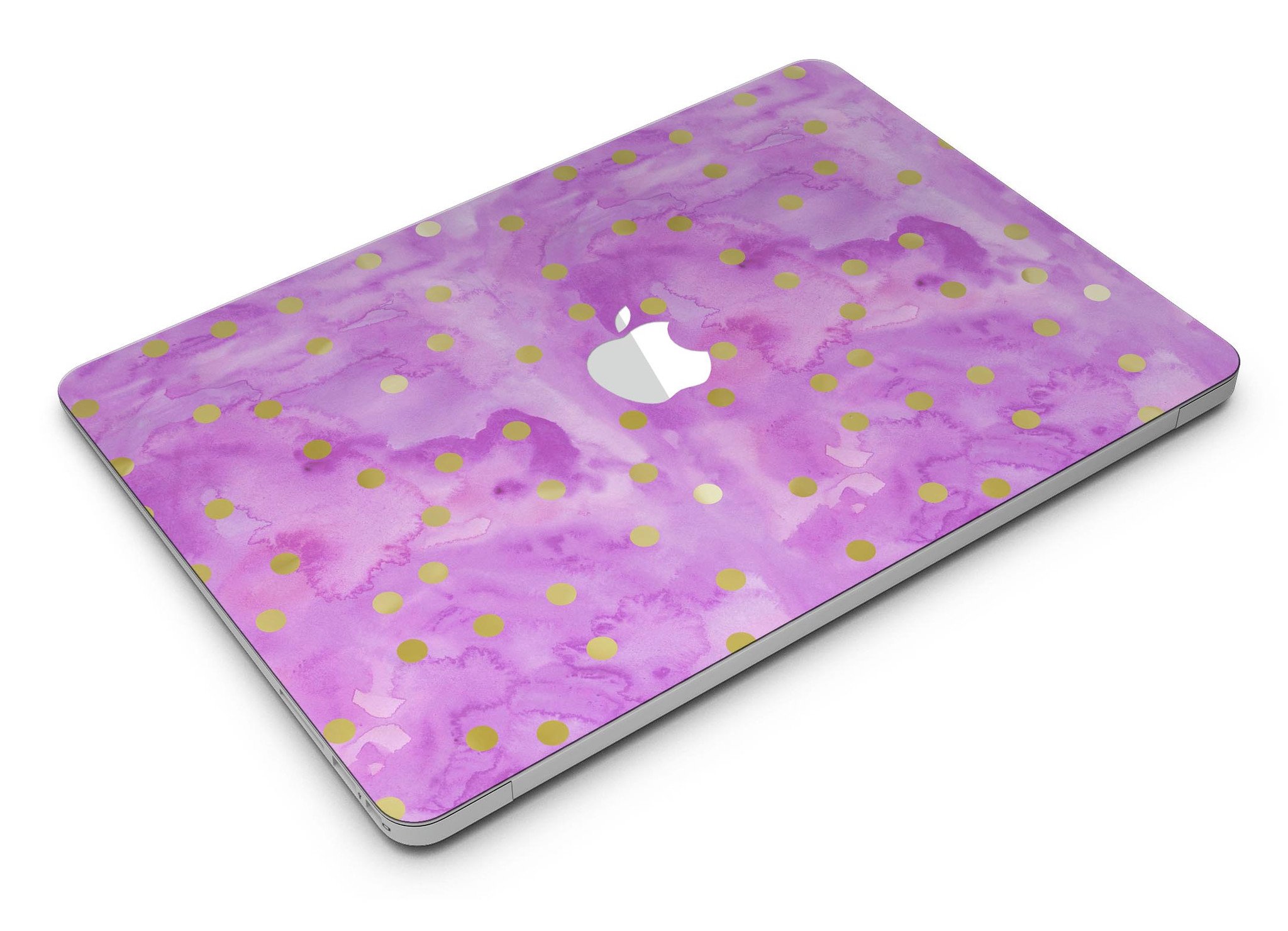 Gold polka dots design on a grungy pink surface MacBook Air skin, showcasing stylish protection.
