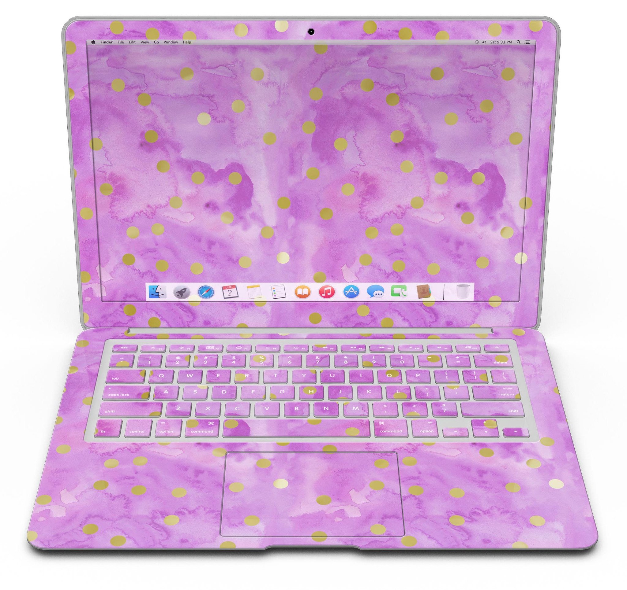 Gold polka dots design on a grungy pink surface MacBook Air skin, showcasing stylish protection.