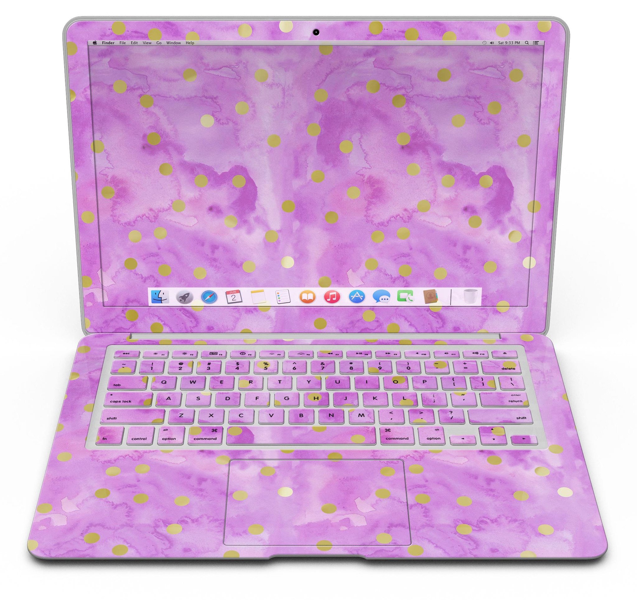 Gold polka dots design on a grungy pink surface MacBook Air skin, showcasing stylish protection.