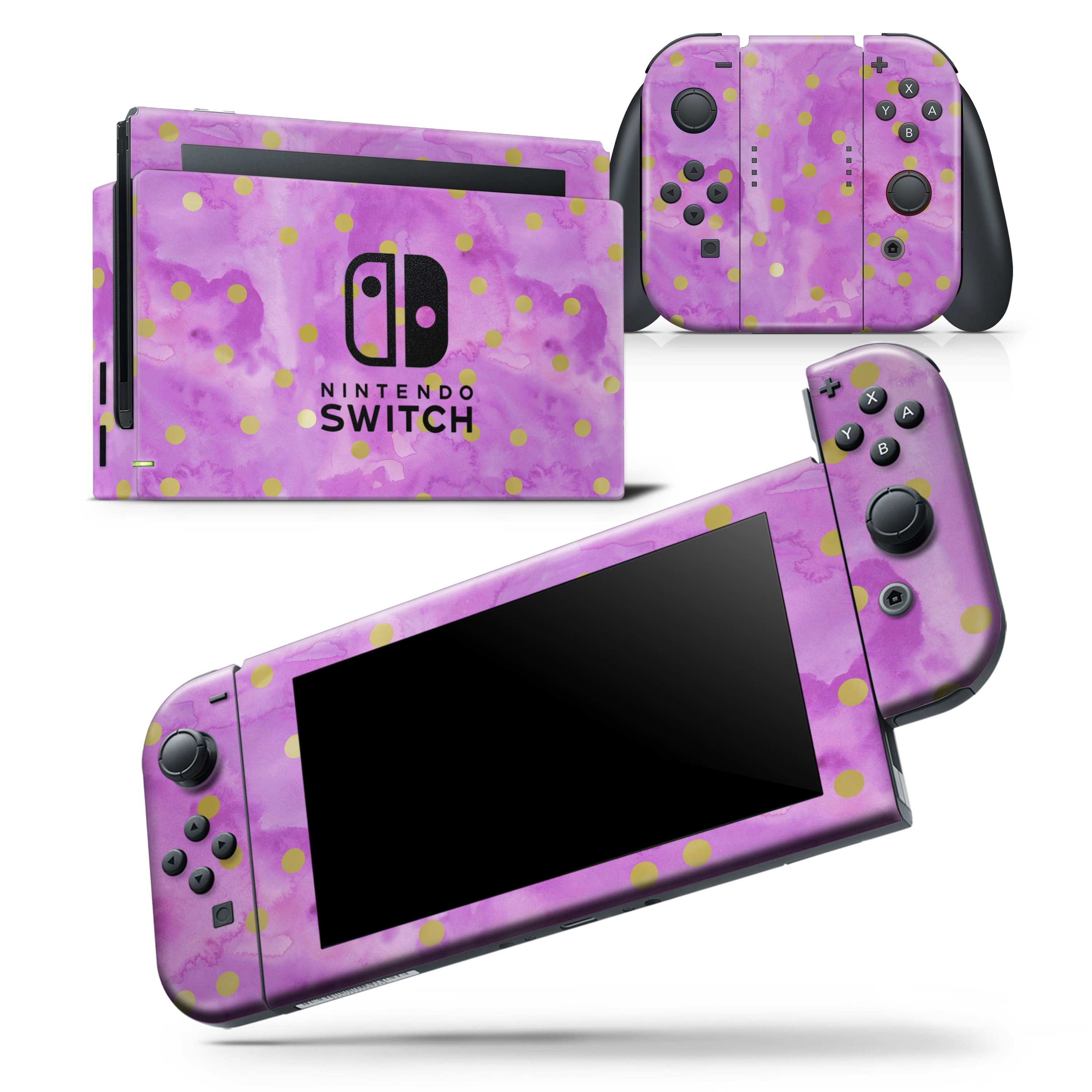 Gold polka dots design on a grungy pink surface skin wrap decal for Nintendo Switch, showcasing a stylish and protective accessory.