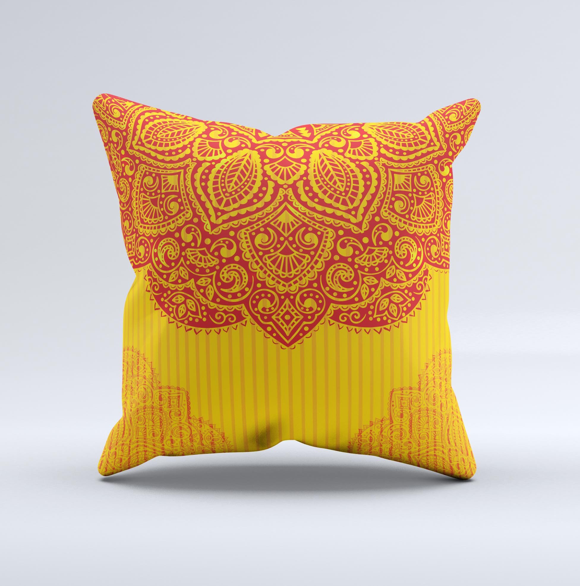 Gold and red abstract seamless pattern decorative throw pillow, handcrafted with high-quality materials, showcasing unique design imperfections.