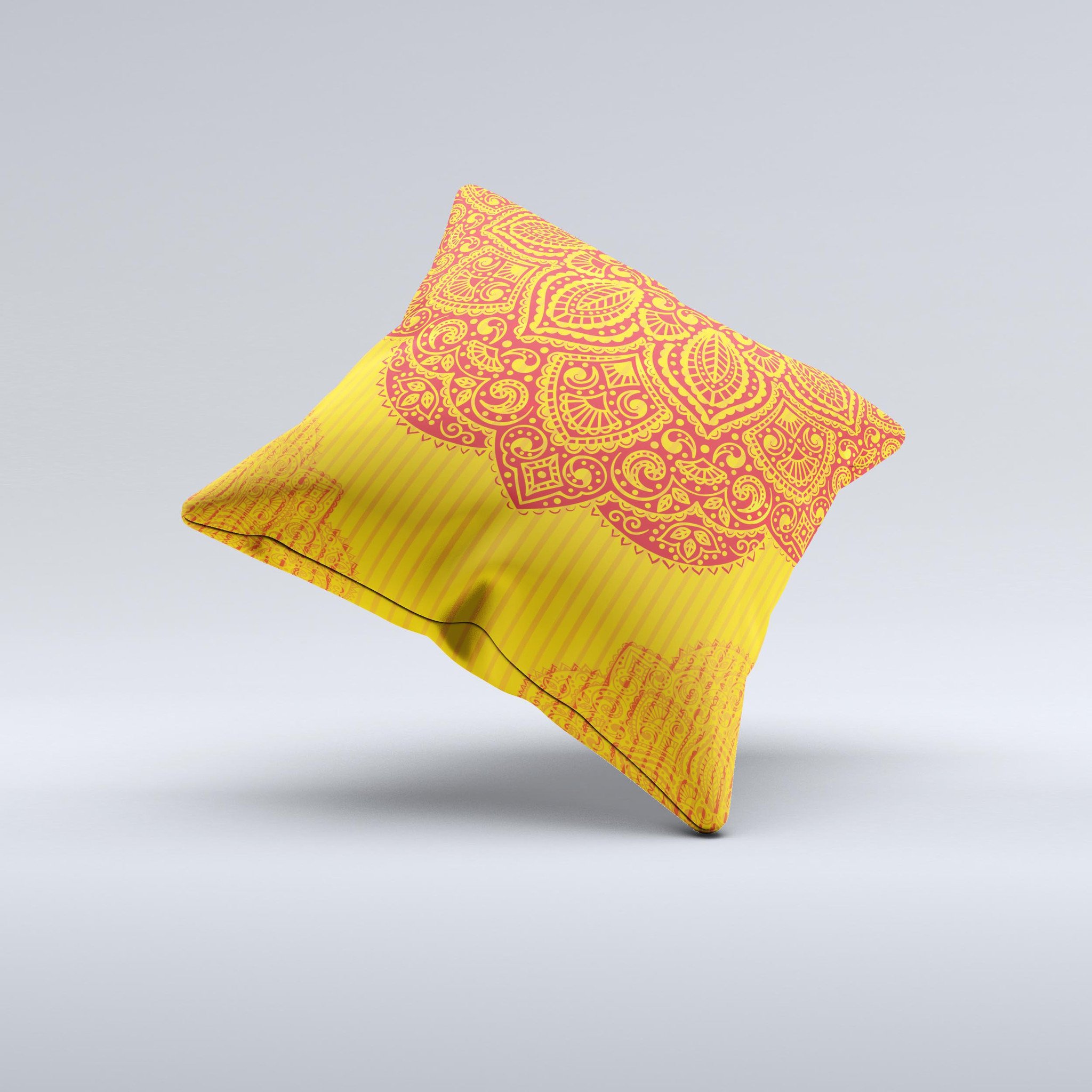 Gold and red abstract seamless pattern decorative throw pillow, handcrafted with high-quality materials, showcasing unique design imperfections.