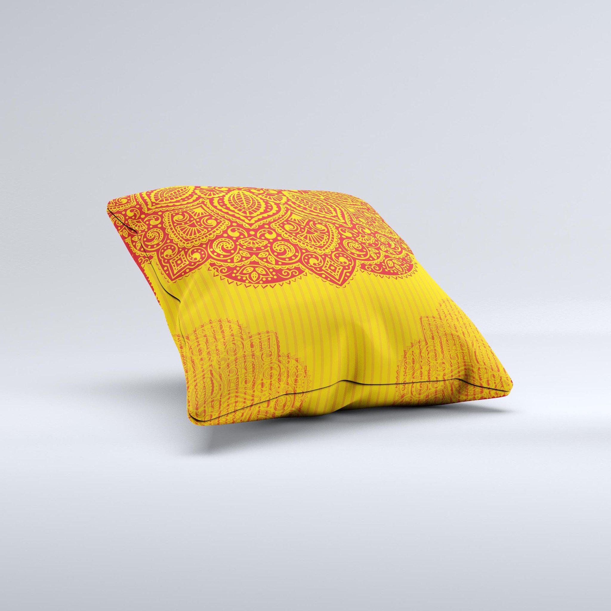 Gold and red abstract seamless pattern decorative throw pillow, handcrafted with high-quality materials, showcasing unique design imperfections.