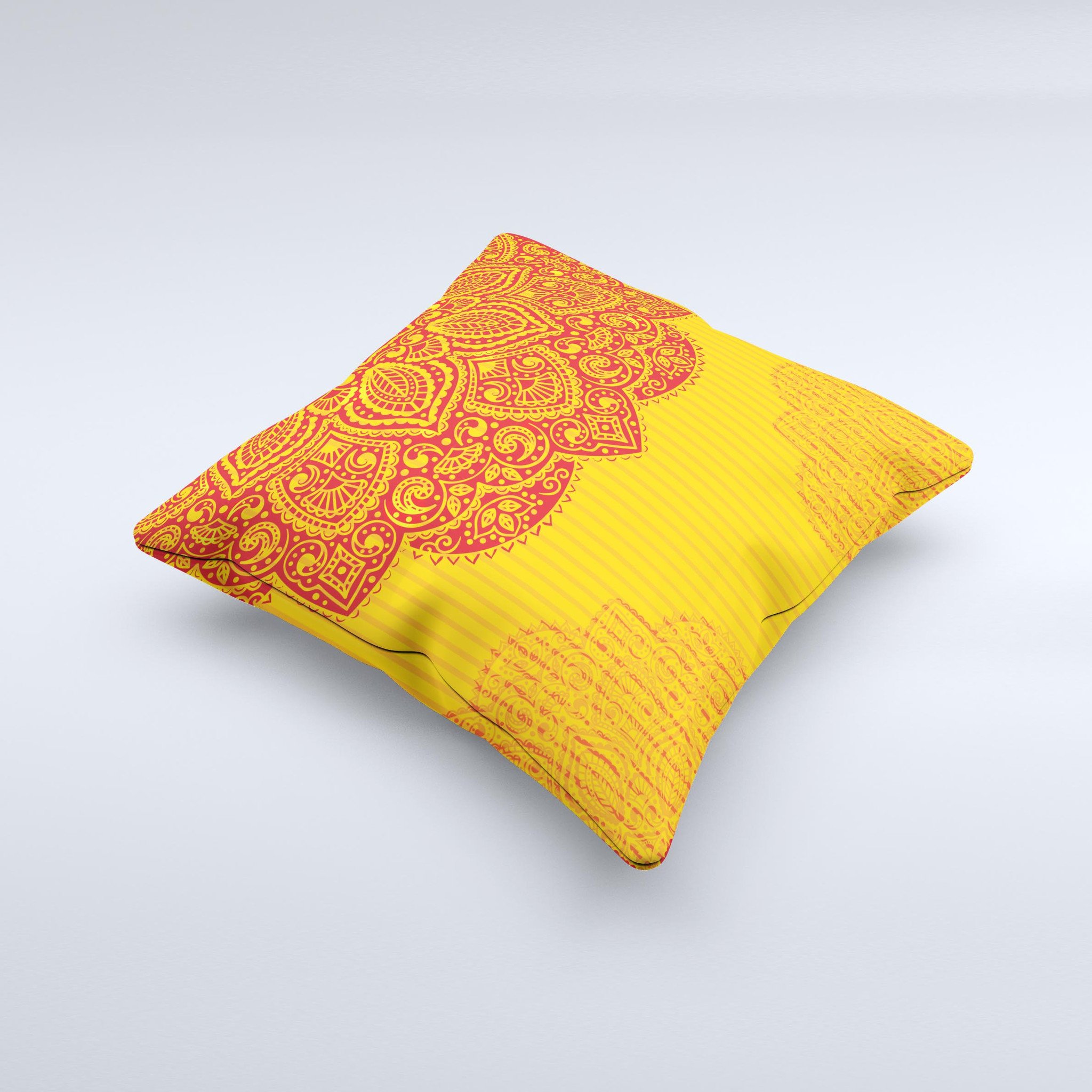Gold and red abstract seamless pattern decorative throw pillow, handcrafted with high-quality materials, showcasing unique design imperfections.