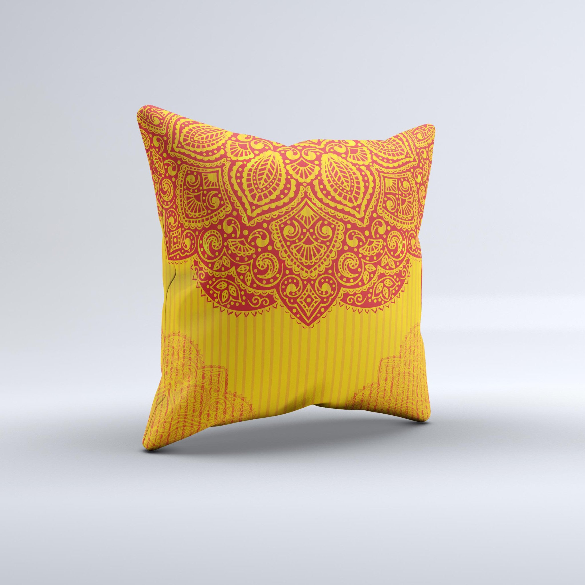 Gold and red abstract seamless pattern decorative throw pillow, handcrafted with high-quality materials, showcasing unique design imperfections.