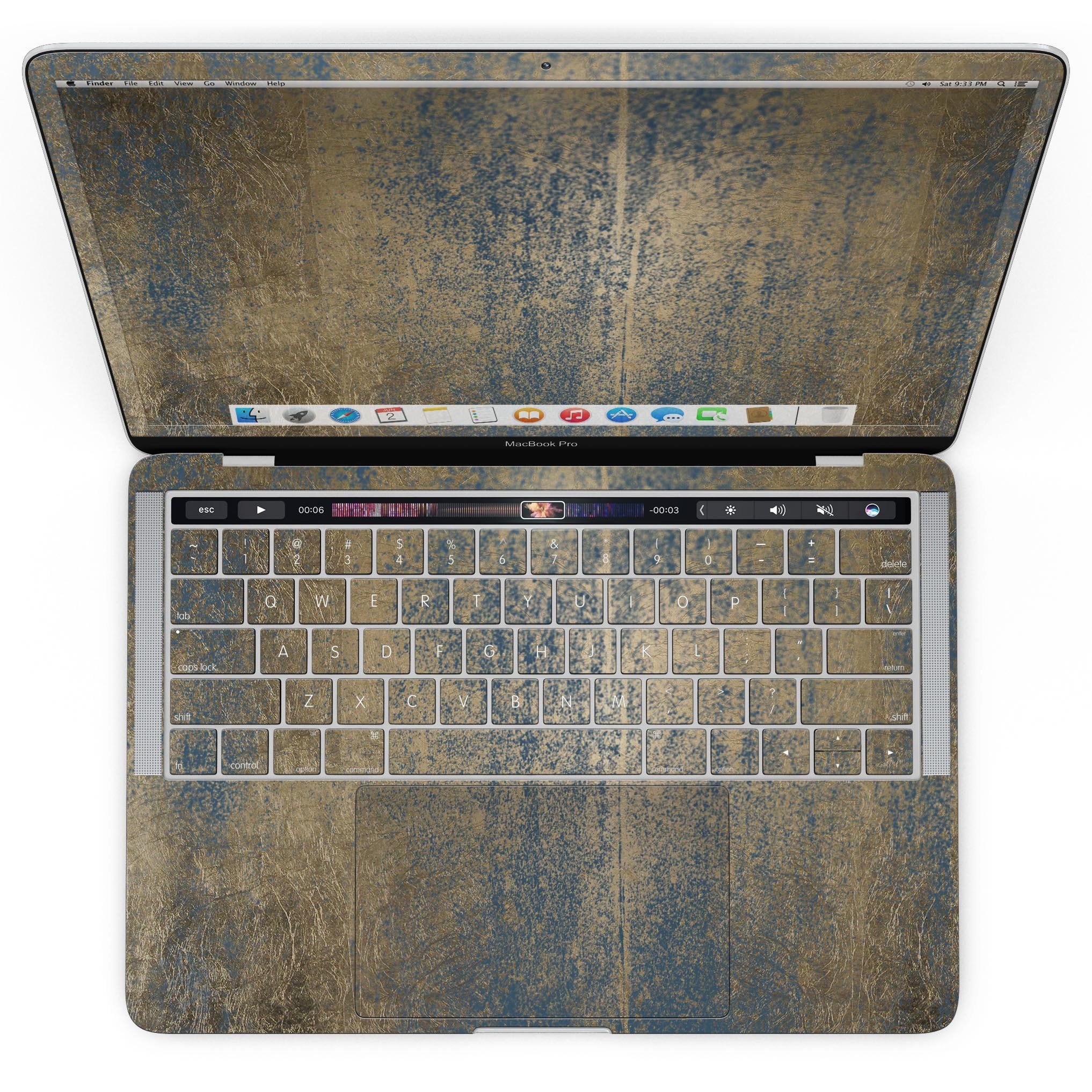 Gold Scratched Foil skin kit for MacBook Pro with Touch Bar, showcasing a stylish design that protects against scratches.