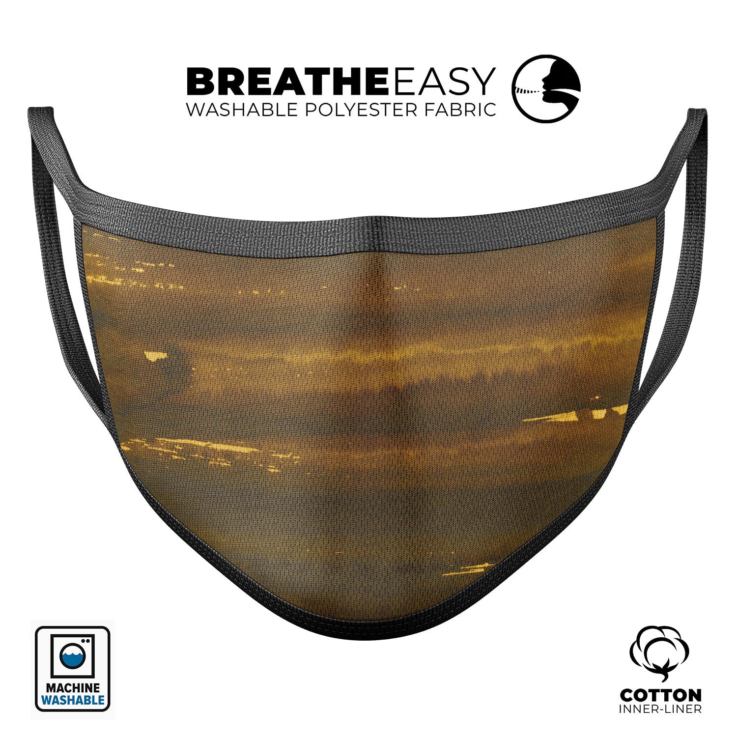 Gold Standard WaterColor V1 mouth cover, unisex design, made in USA, featuring vibrant dye-sublimated print and adjustable ear loops.