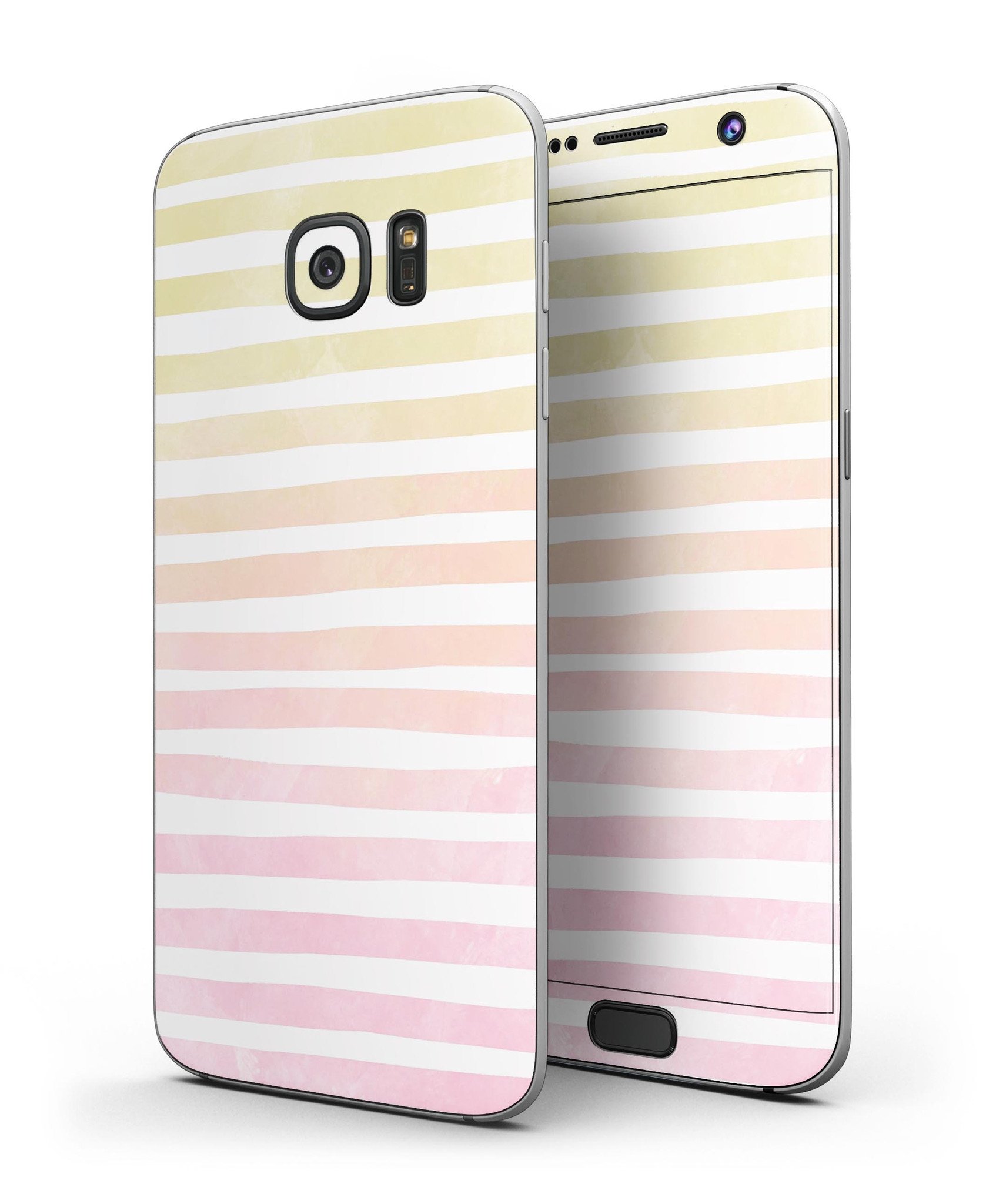 Gold to Pink WaterColor Ombre Stripes skin kit for Samsung Galaxy S7 and S7 Edge, showcasing vibrant colors and sleek design.