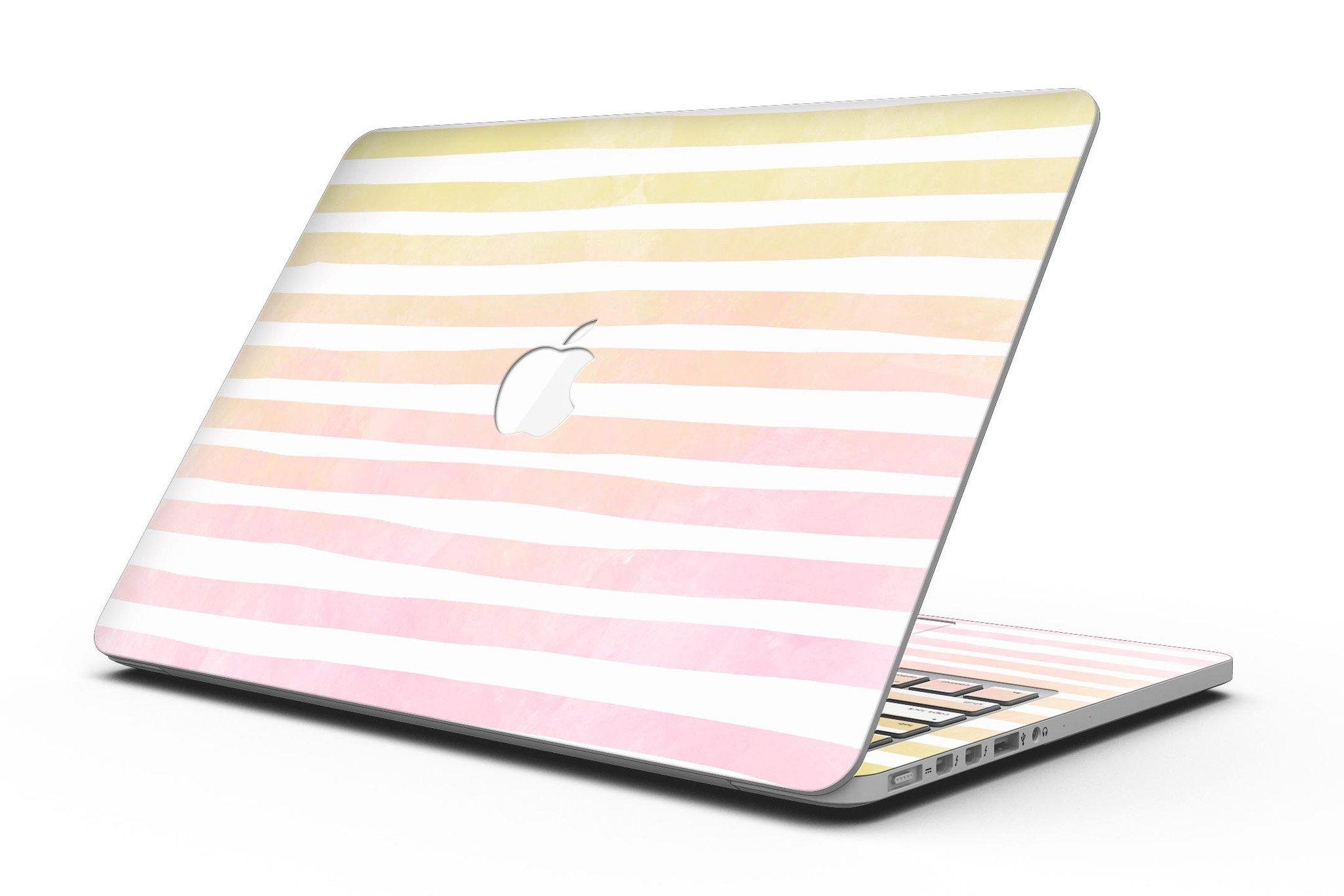 Gold to Pink WaterColor Ombre Stripes skin for MacBook Pro with Retina Display, showcasing vibrant colors and a stylish design.