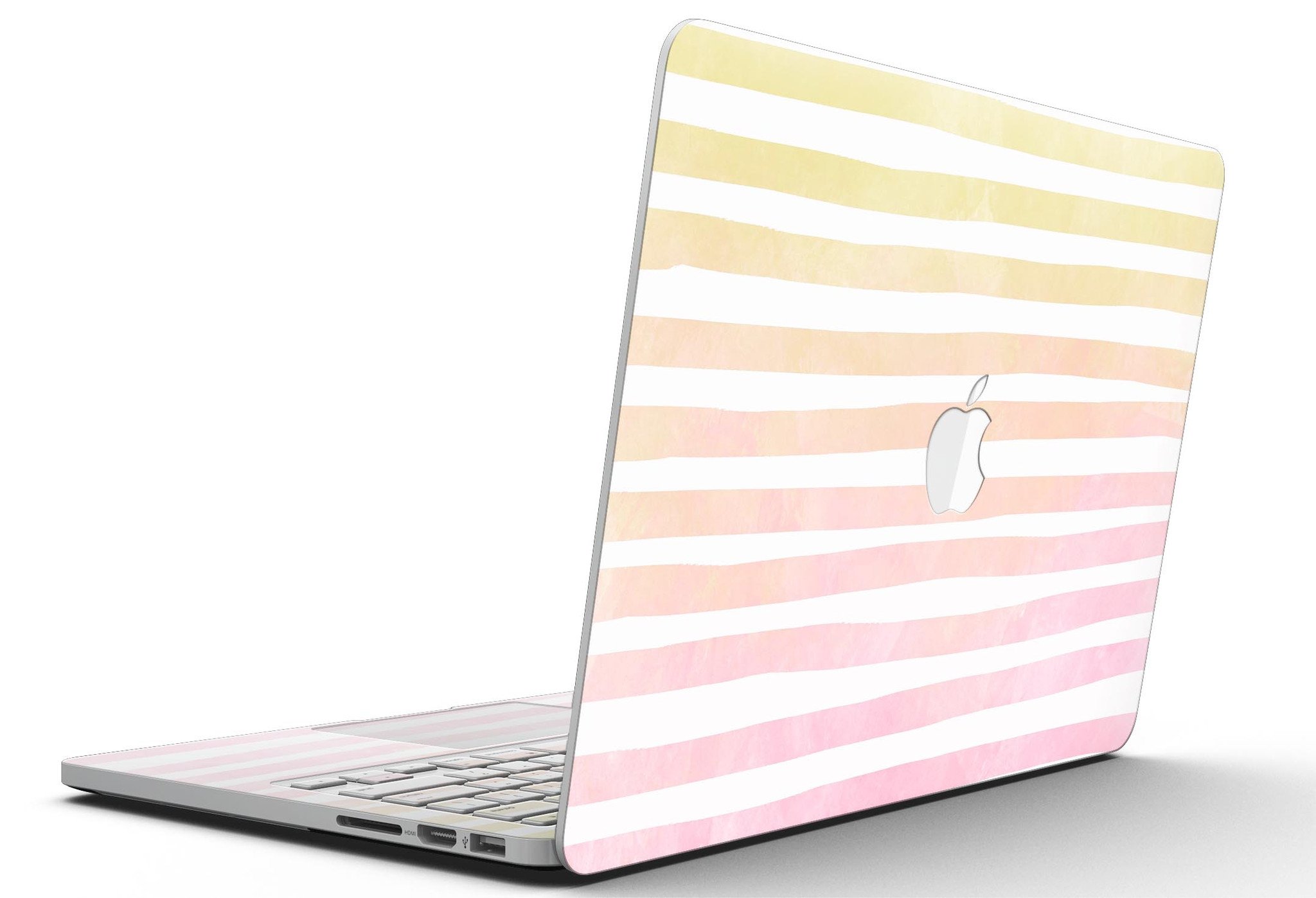 Gold to Pink WaterColor Ombre Stripes skin for MacBook Pro with Retina Display, showcasing vibrant colors and a stylish design.