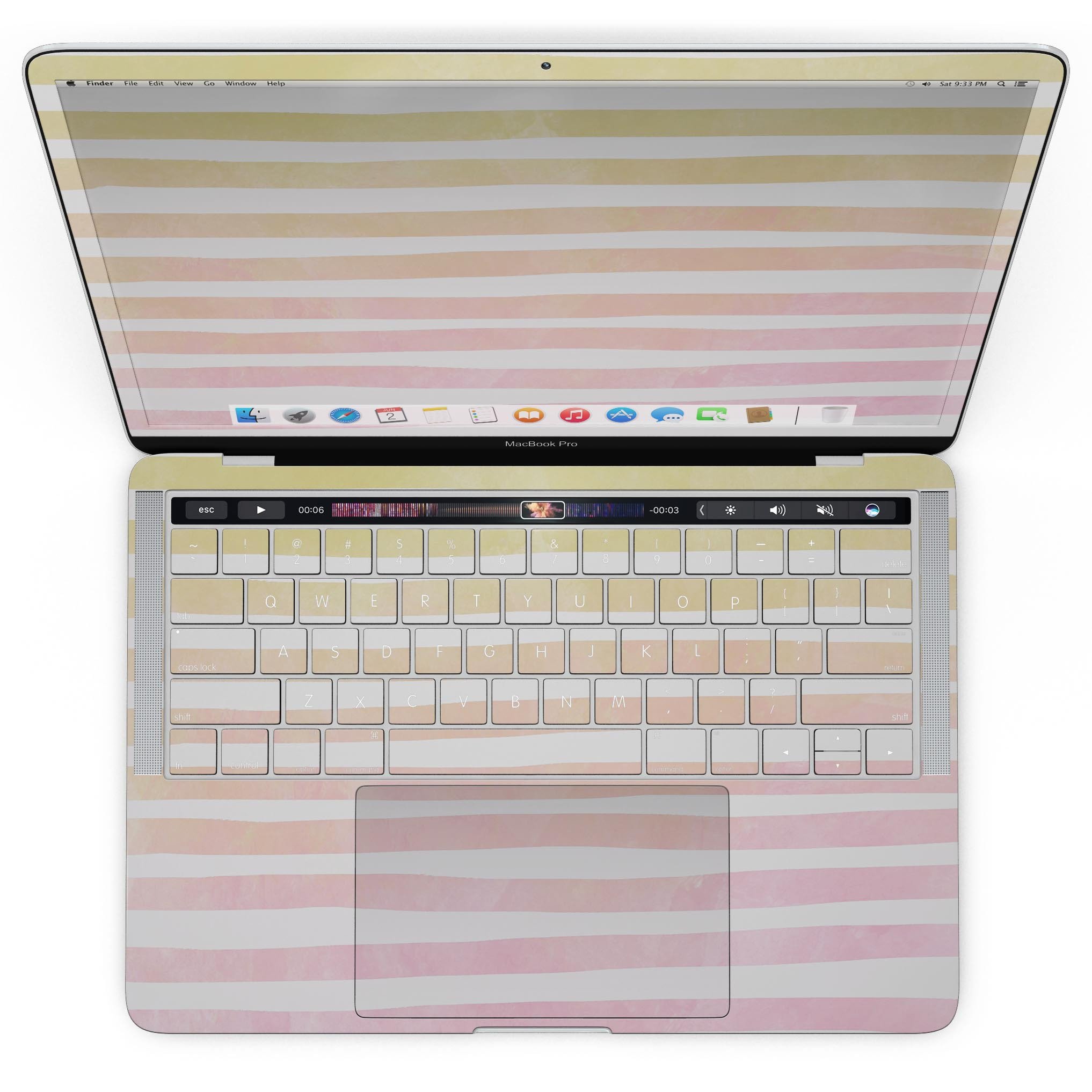 Gold to Pink WaterColor Ombre Stripes skin for MacBook Pro with Touch Bar, showcasing vibrant colors and sleek design.