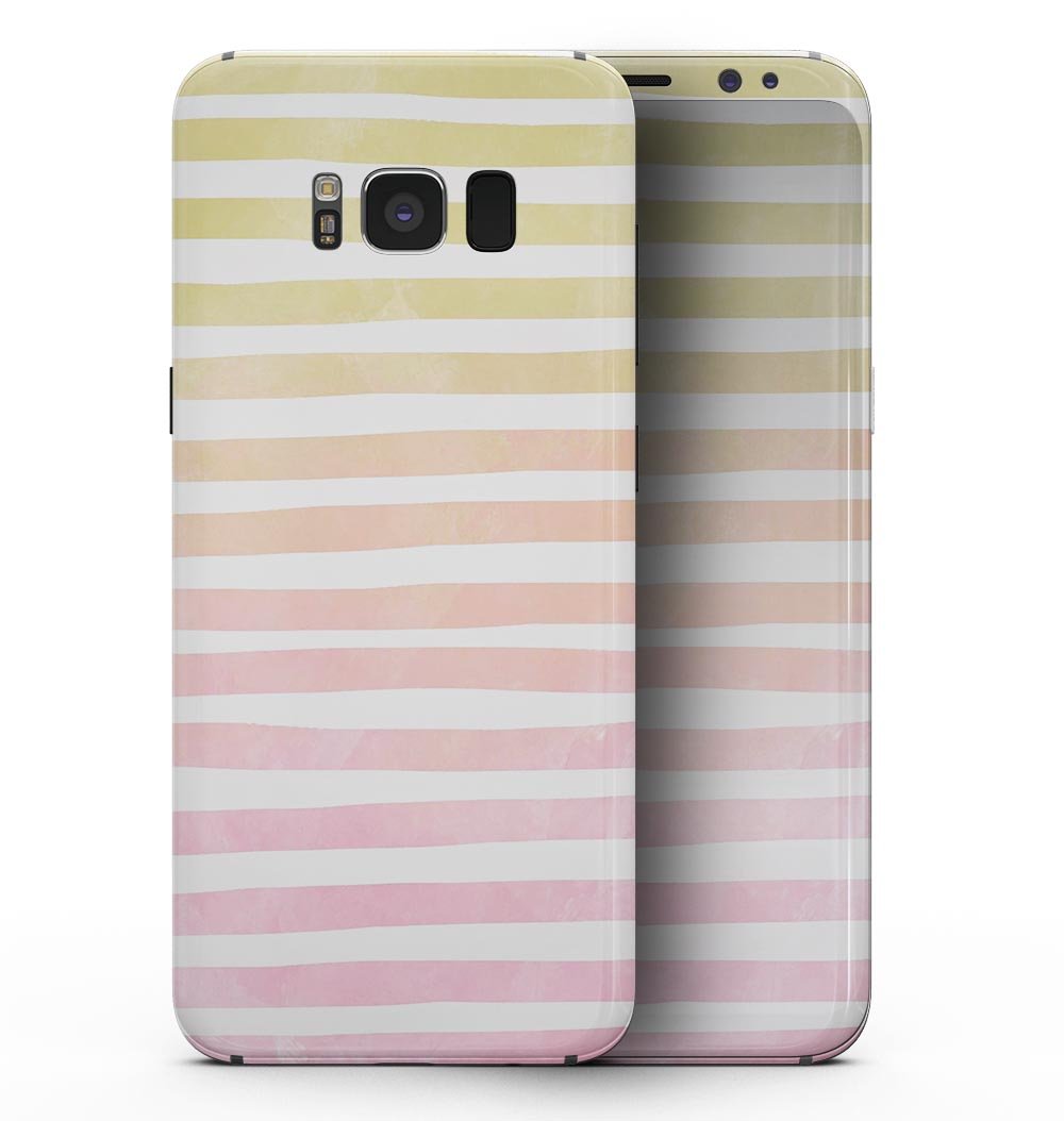 Samsung Galaxy S8 with Gold to Pink WaterColor Ombre Stripes skin, showcasing vibrant colors and sleek design.