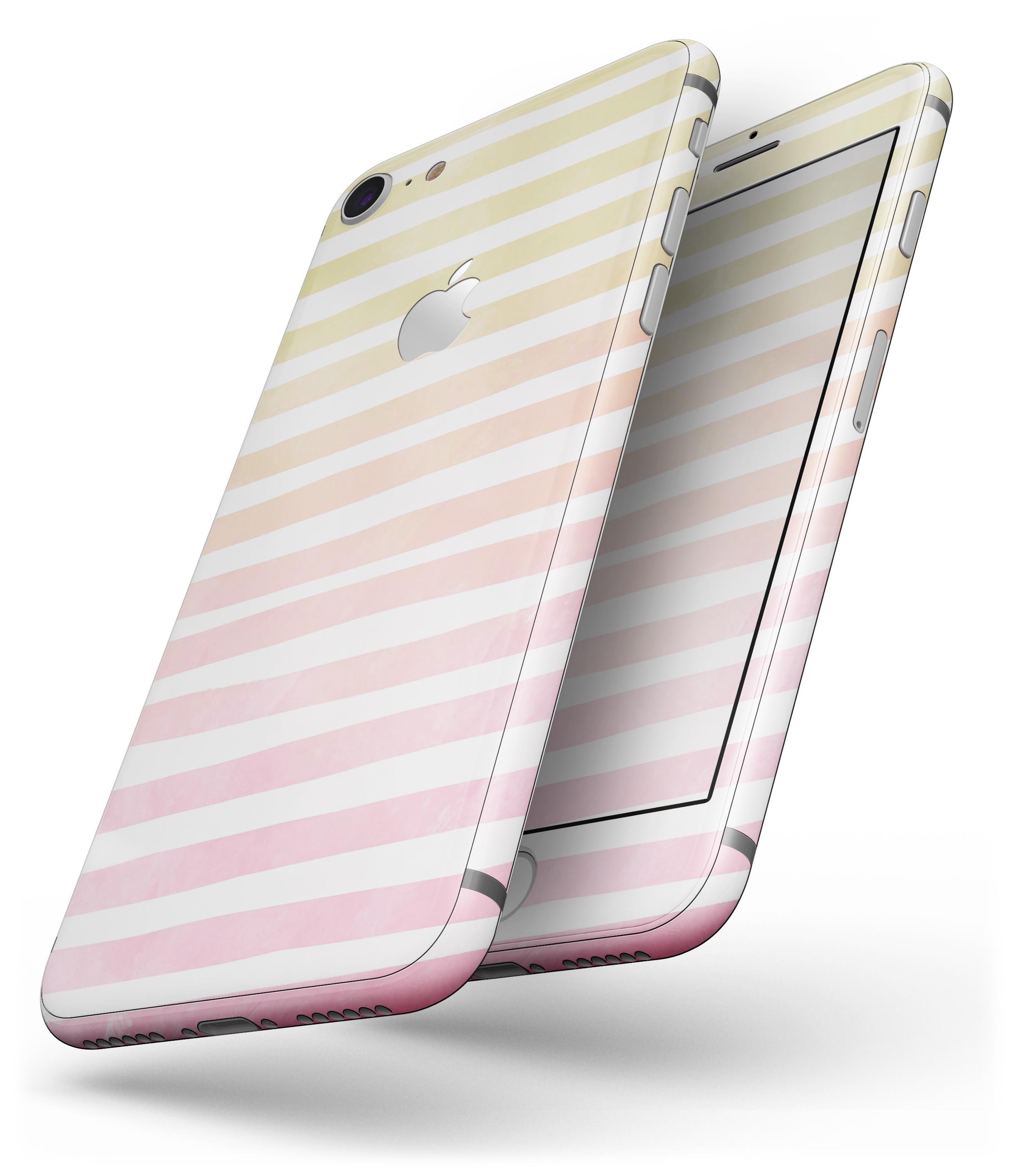 Gold to Pink WaterColor Ombre Stripes skin for iPhone 8 or 8 Plus, showcasing vibrant colors and a sleek design.