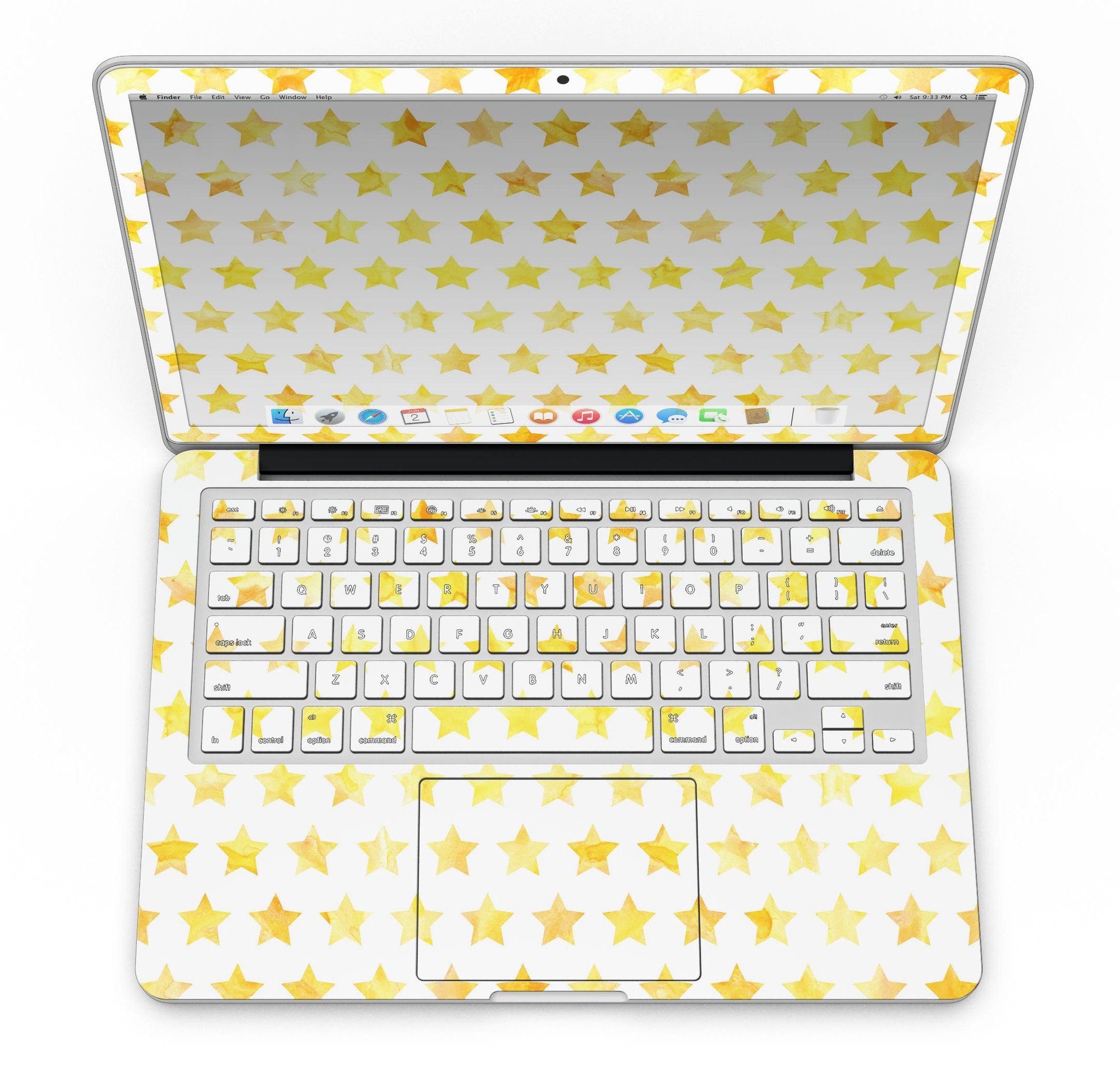 Gold Watercolor Stars skin for MacBook Pro with Retina Display, showcasing a vibrant and artistic design.