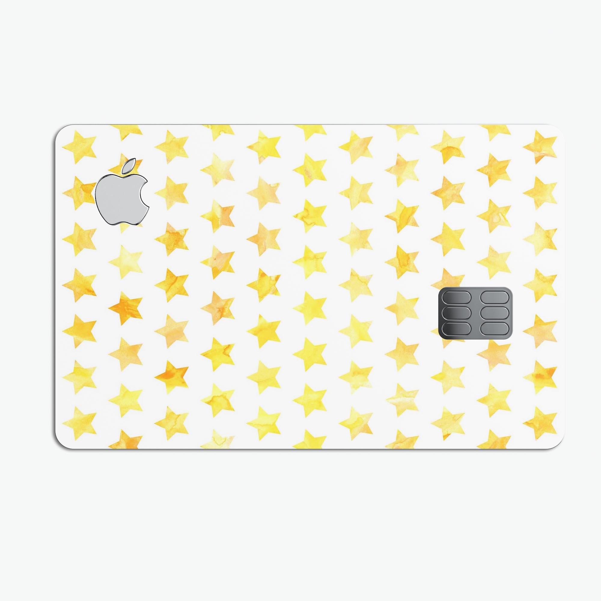 Gold Watercolor Stars decal skin for Apple Card, showcasing a vibrant design with premium protective features.