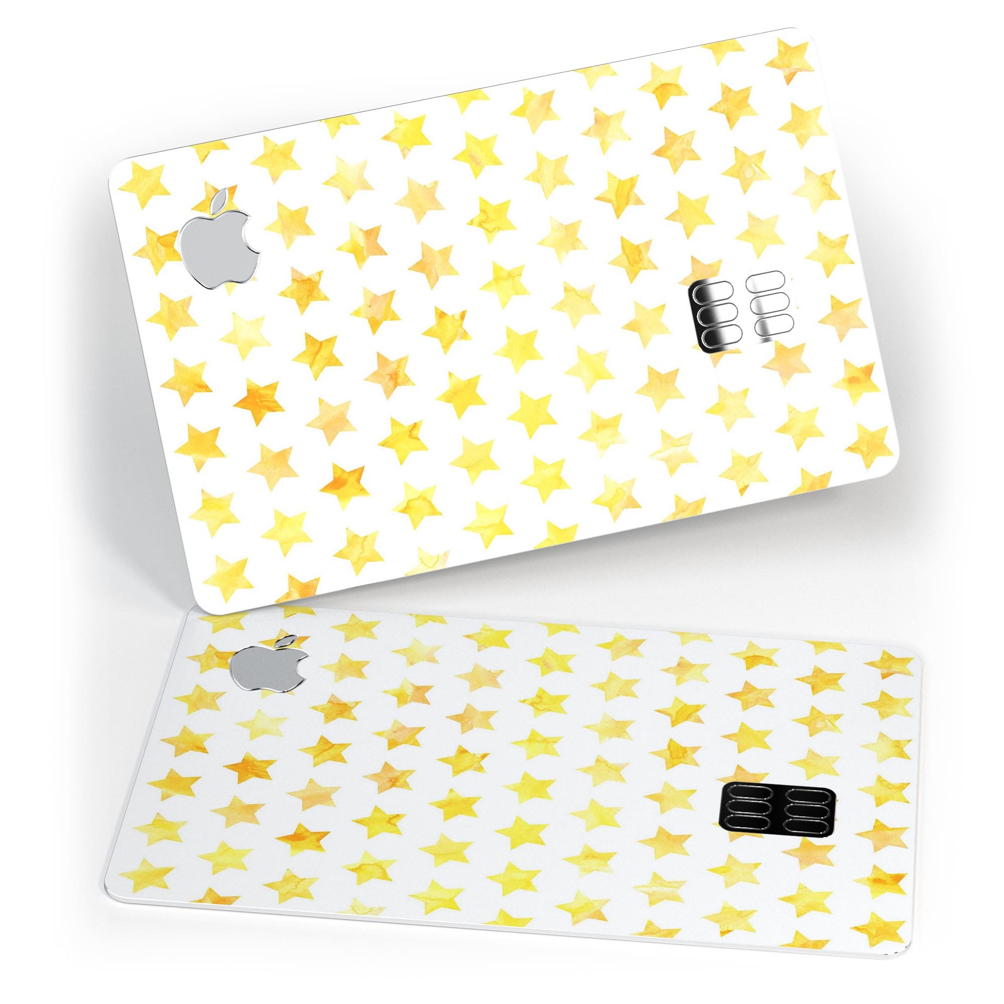 Gold Watercolor Stars decal skin for Apple Card, showcasing a vibrant design with premium protective features.