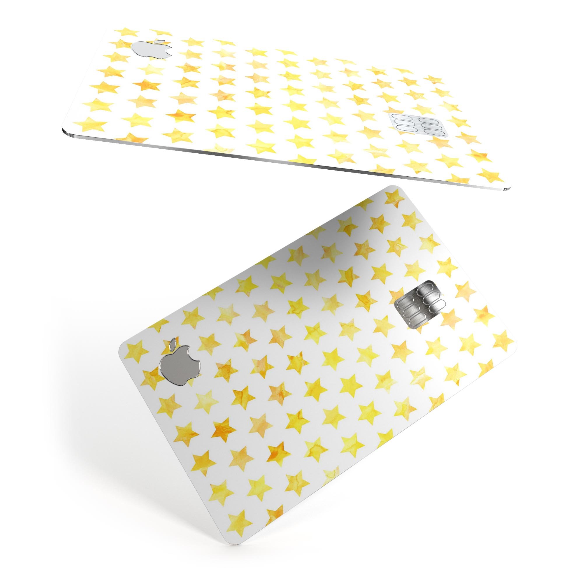 Gold Watercolor Stars decal skin for Apple Card, showcasing a vibrant design with premium protective features.