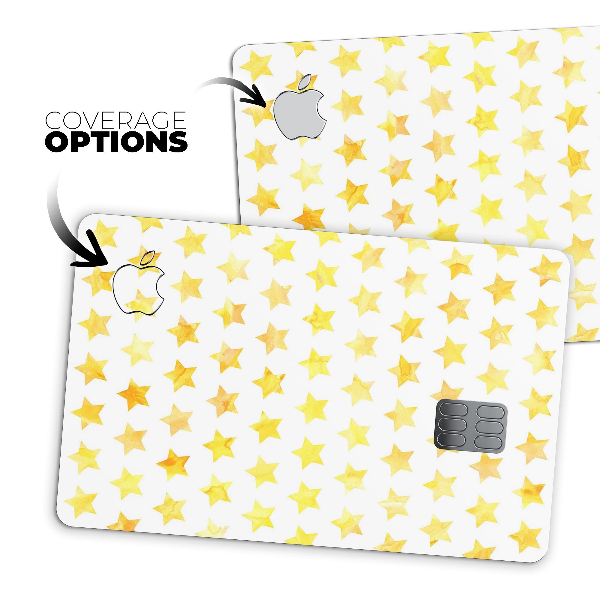 Gold Watercolor Stars decal skin for Apple Card, showcasing a vibrant design with premium protective features.
