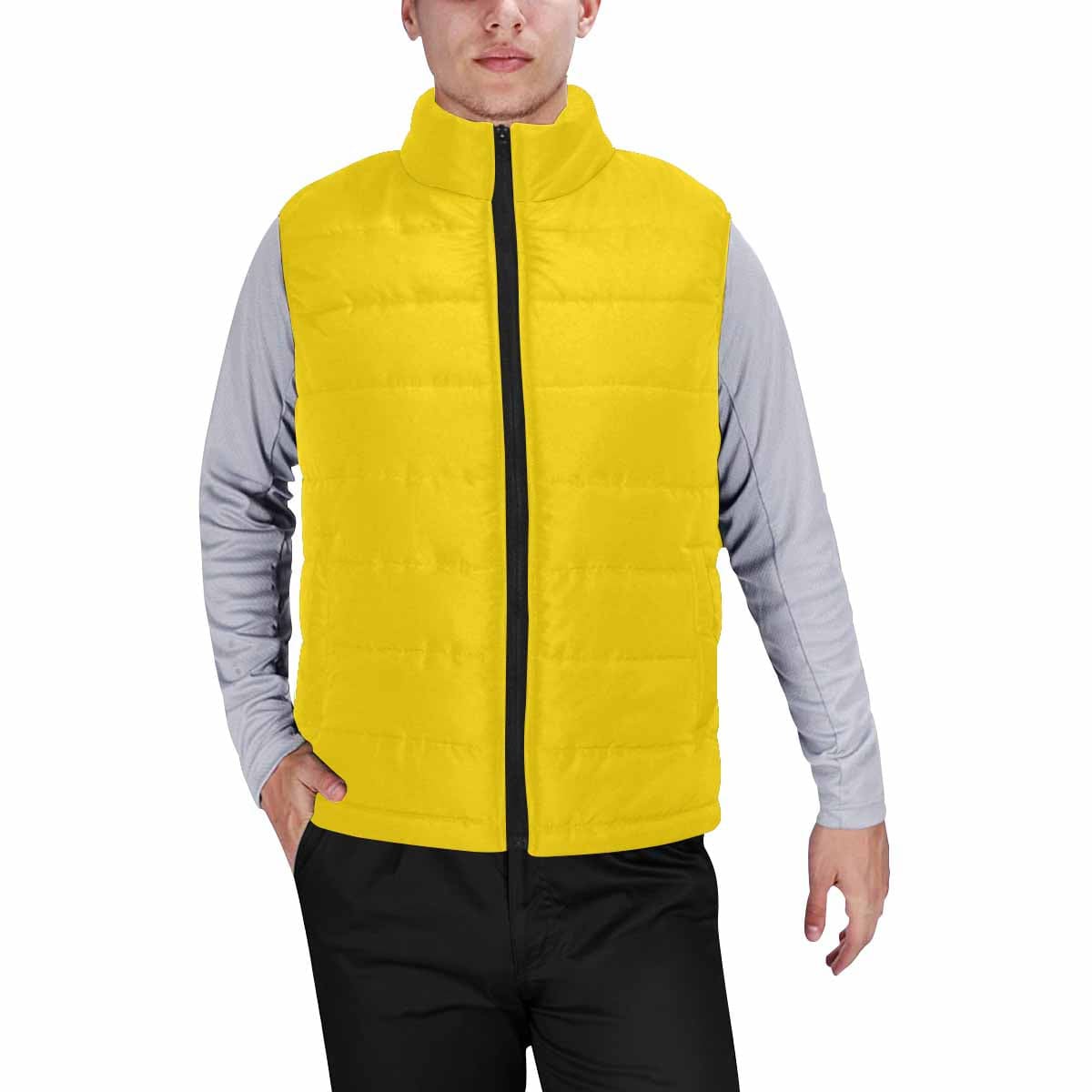 Gold yellow men's padded vest featuring a quilted design, sleeveless style, and zipper closure, perfect for layering in cool weather.