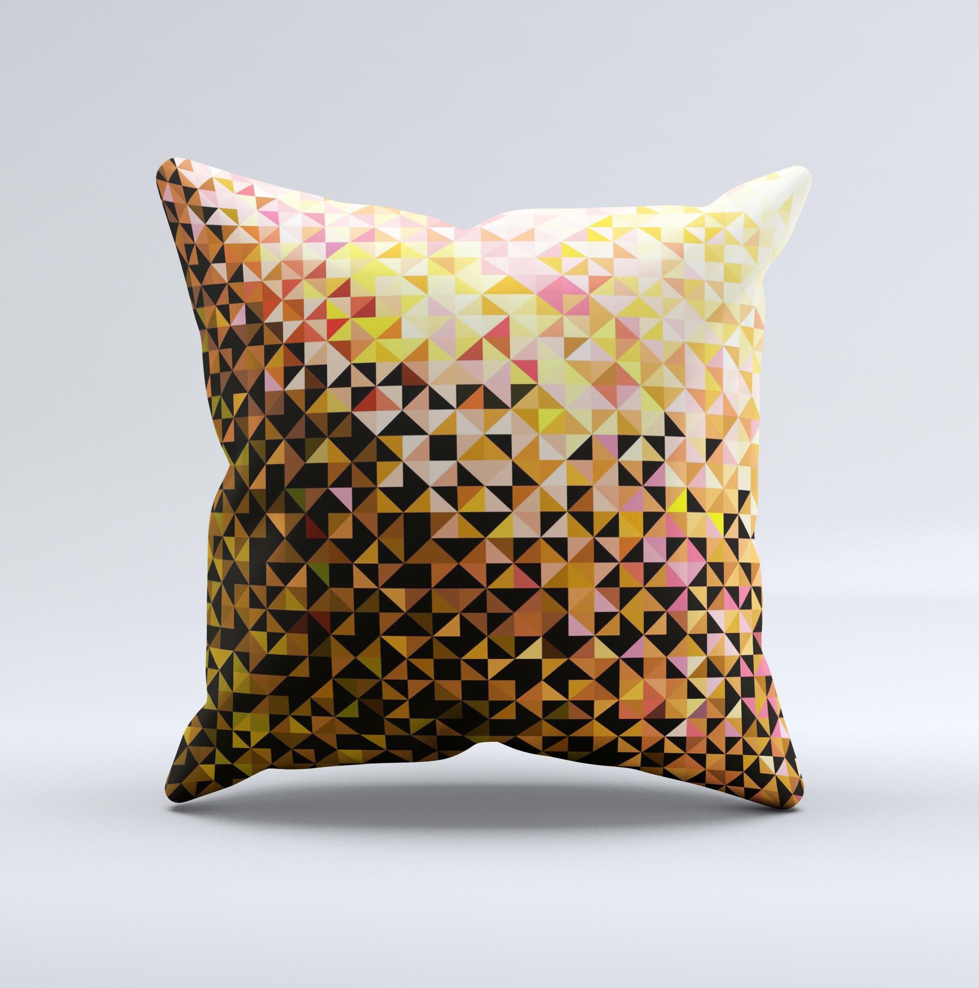 Golden Abstract Tiled Ink-Fuzed Decorative Throw Pillow showcasing a unique design with vibrant colors and high-quality fabric.