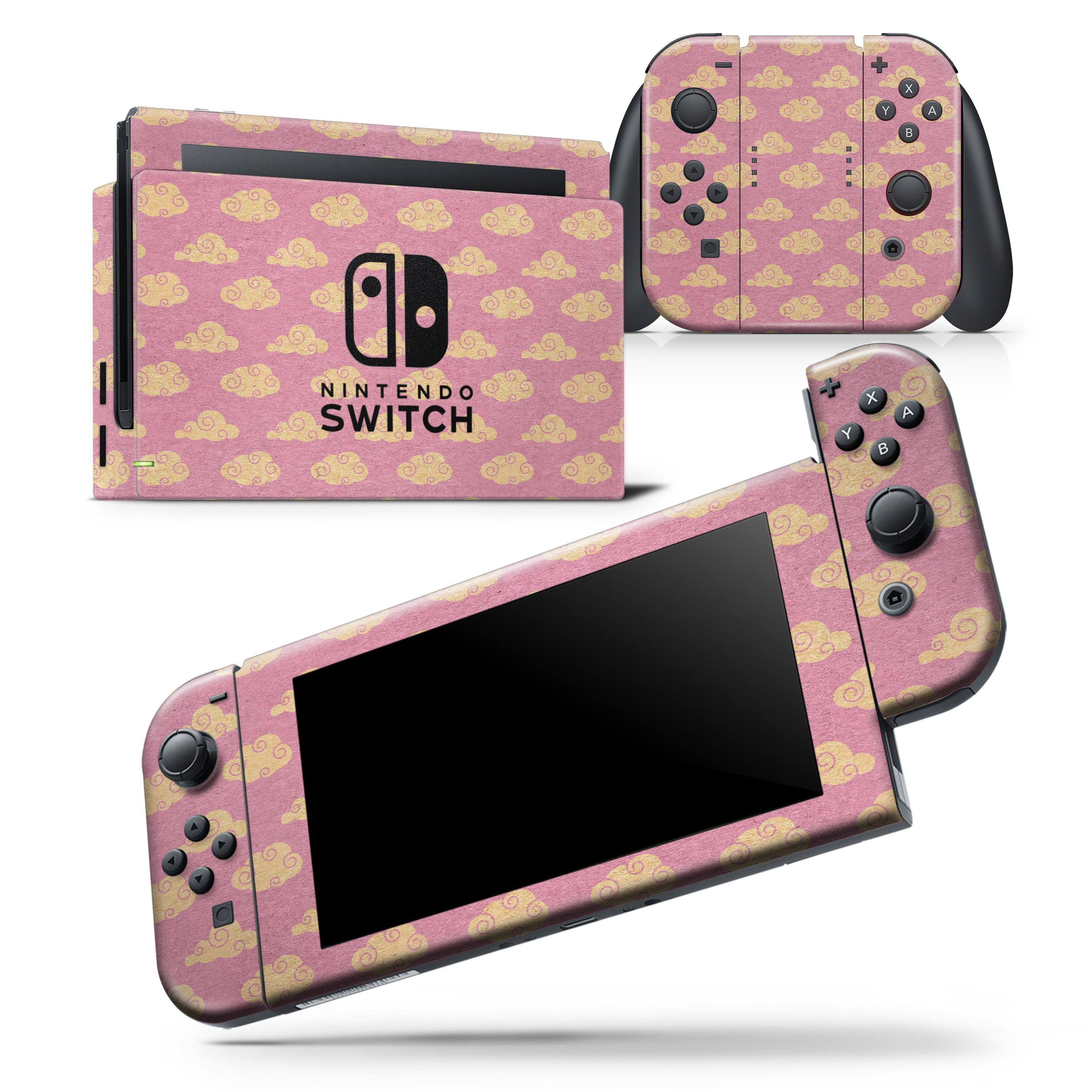Golden Cartoon Clouds skin wrap decal for Nintendo Switch, featuring a vibrant design over a pink background, providing a stylish look and protection.